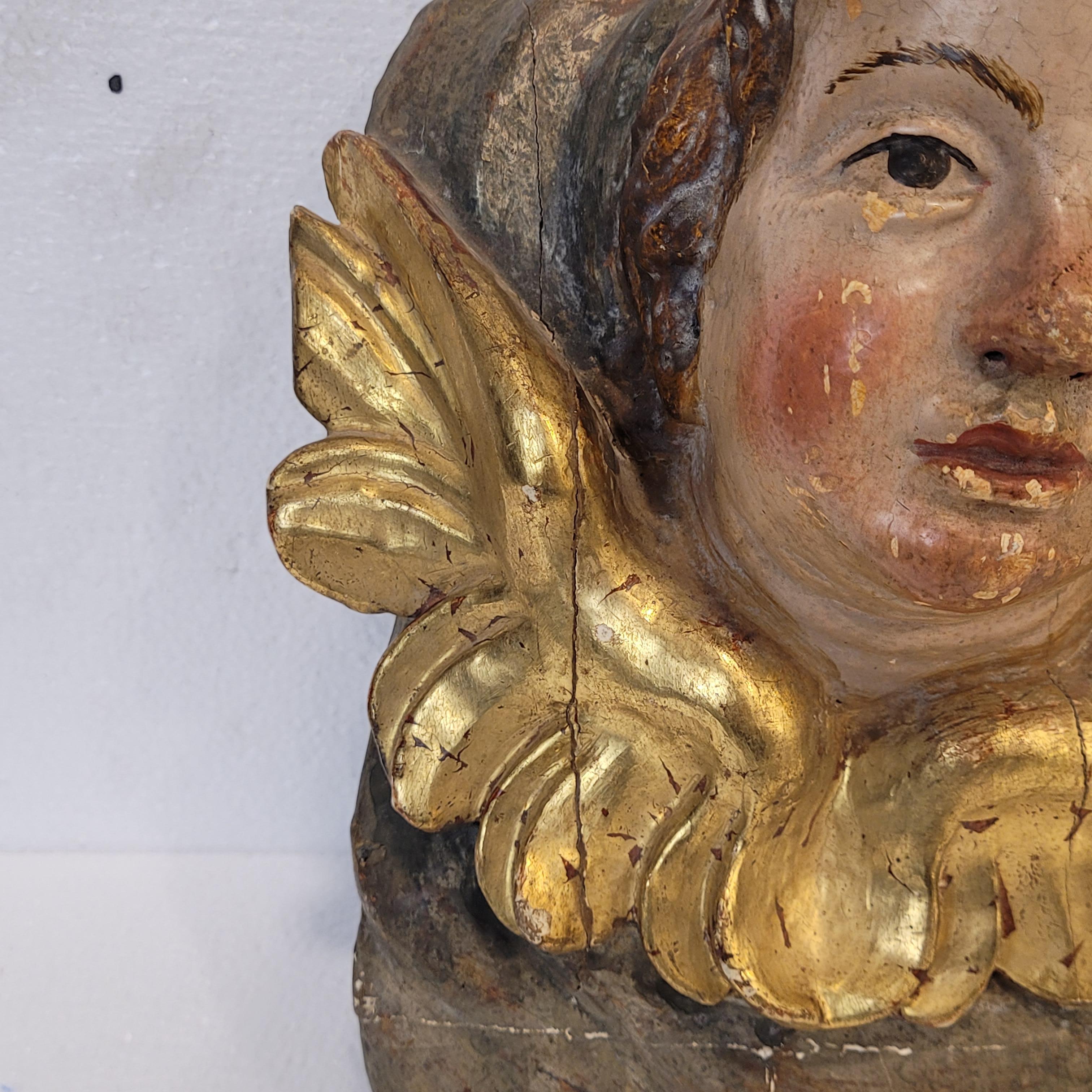 Pair of Baroque high reliefs of Angels, Cherubs, polychrome and gilded wood in vendita 6