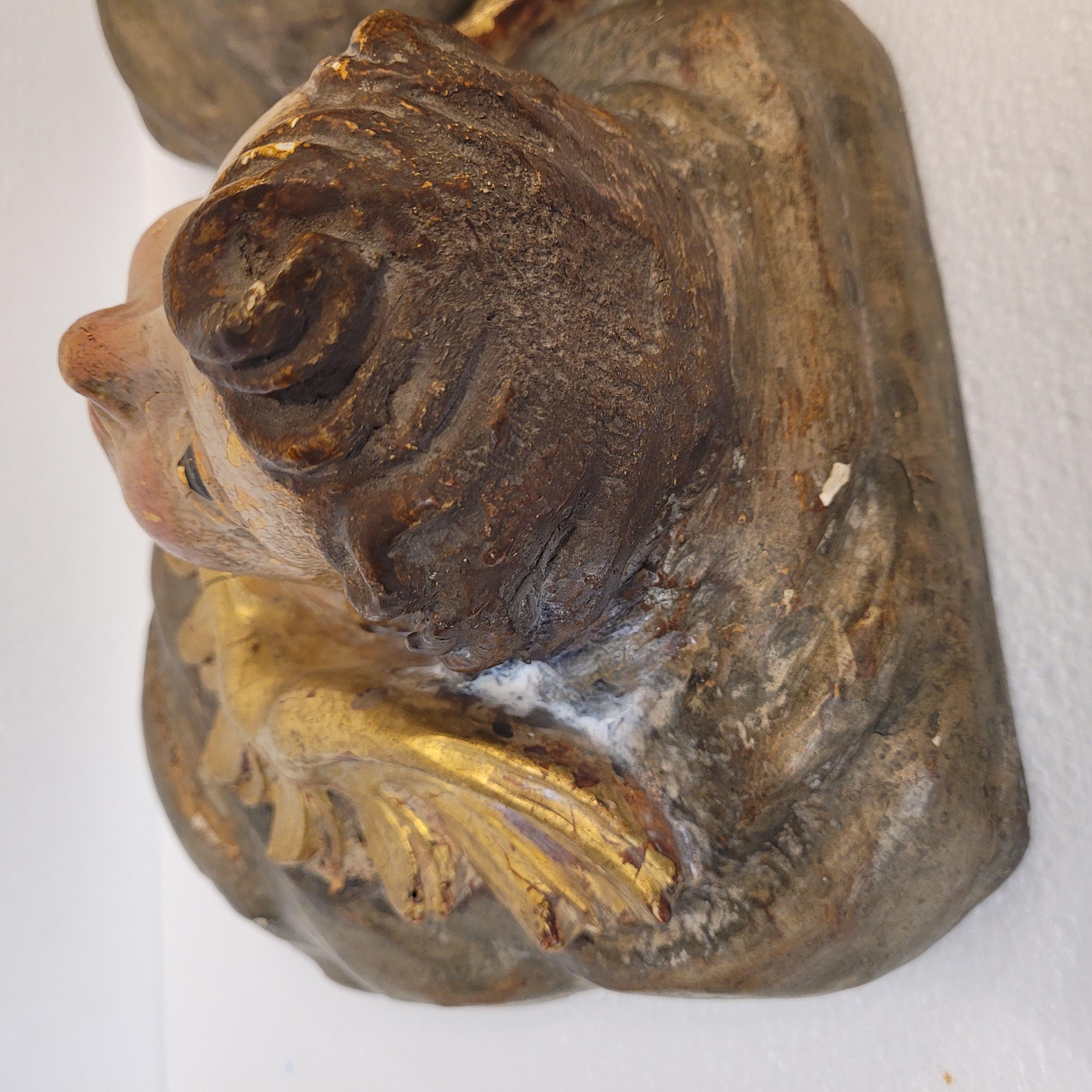 Pair of Baroque high reliefs of Angels, Cherubs, polychrome and gilded wood in vendita 9