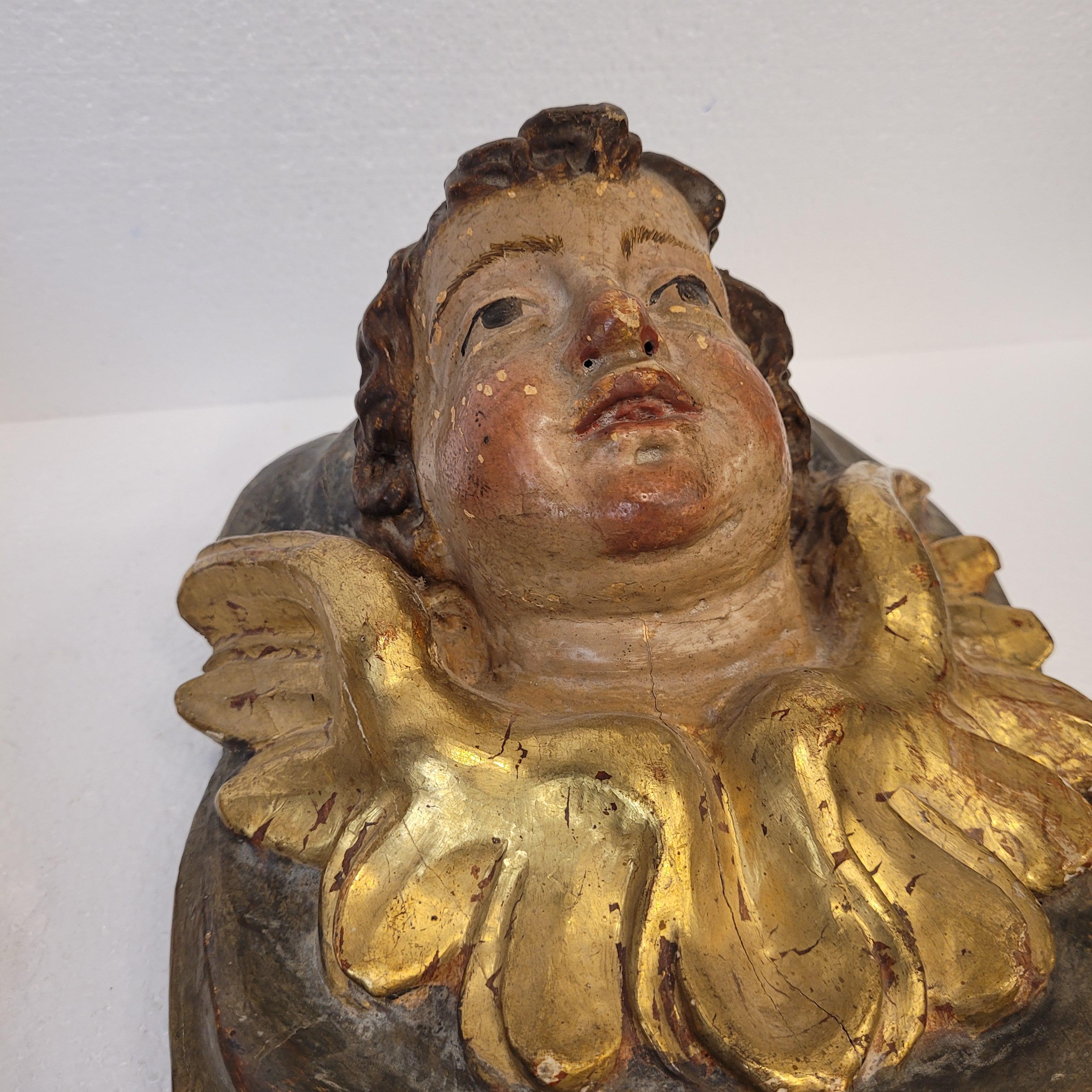 Pair of Baroque high reliefs of Angels, Cherubs, polychrome and gilded wood in vendita 10