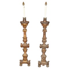Antique Pair of Baroque Italian Style Converted Altar Candlesticks Floor Lamps C1870s