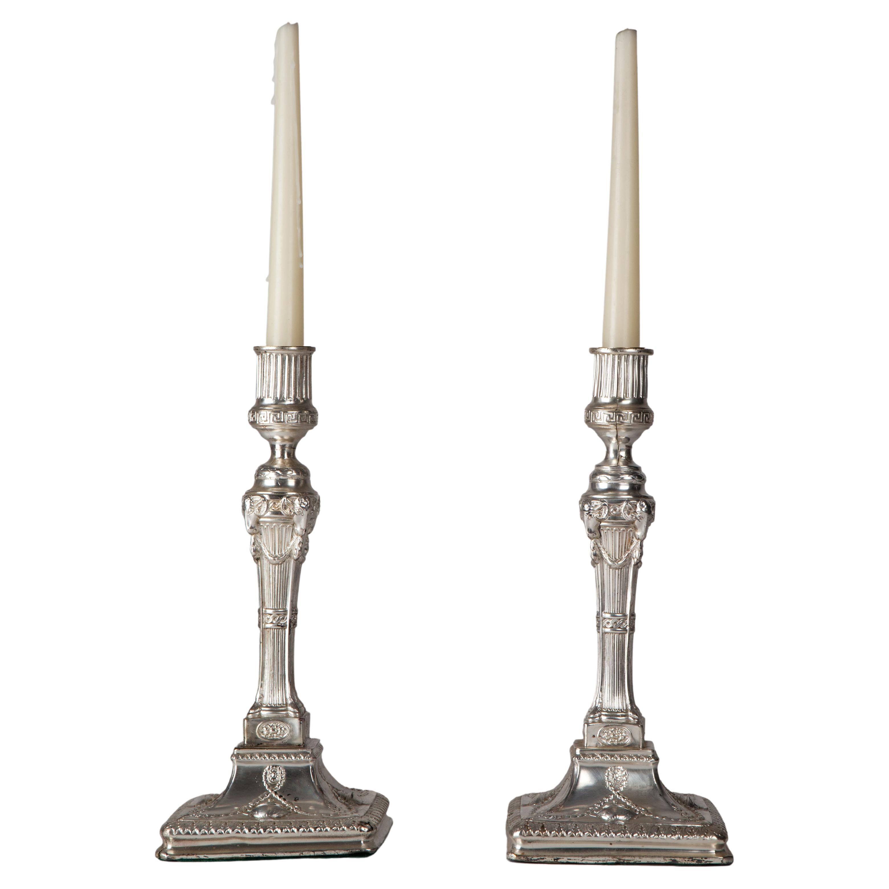 Pair of Baroque Louis XVI Style Silverplate Candlesticks, Circa 1880 For Sale