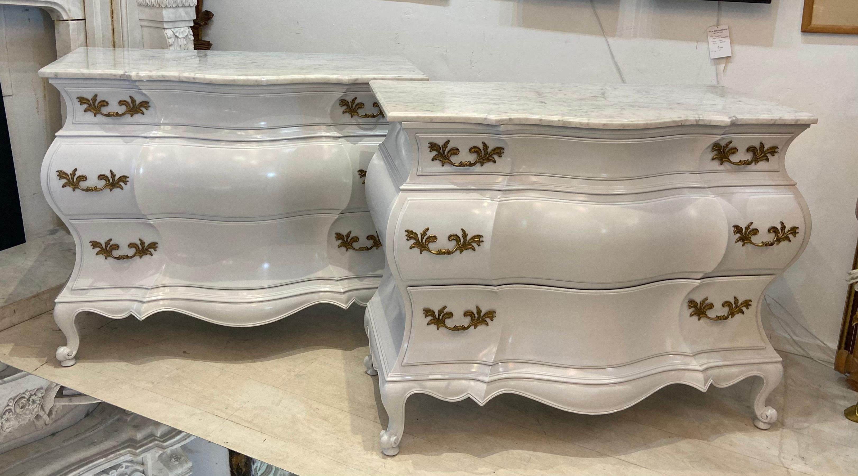 Pair of Baroque Marble Top Three Drawer Commodes In Good Condition For Sale In West Palm Beach, FL