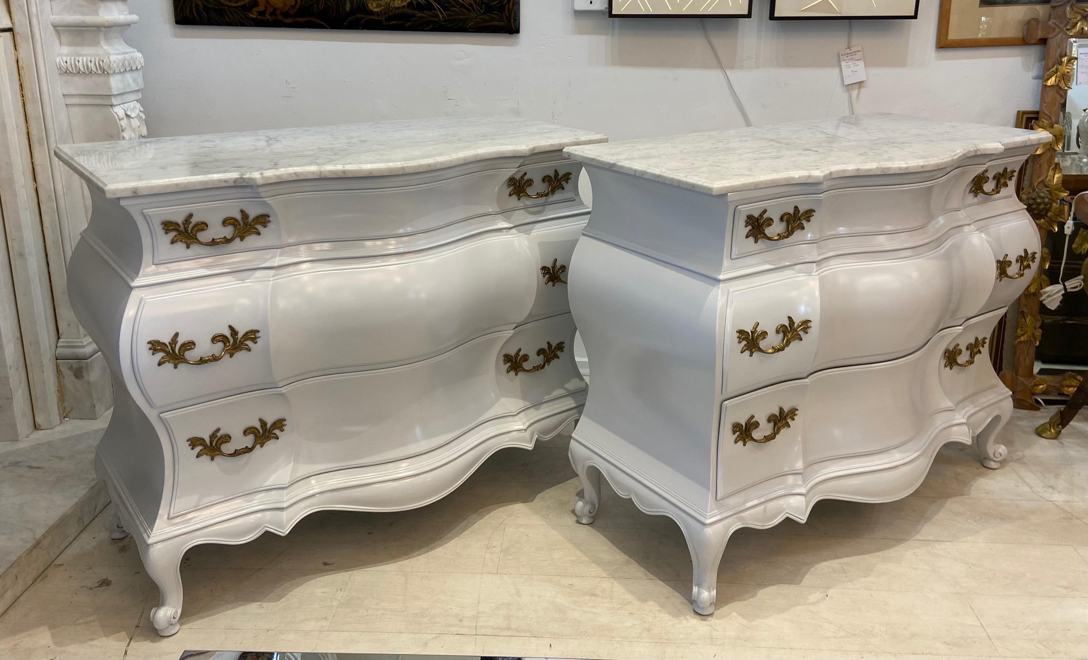 20th Century Pair of Baroque Marble Top Three Drawer Commodes For Sale