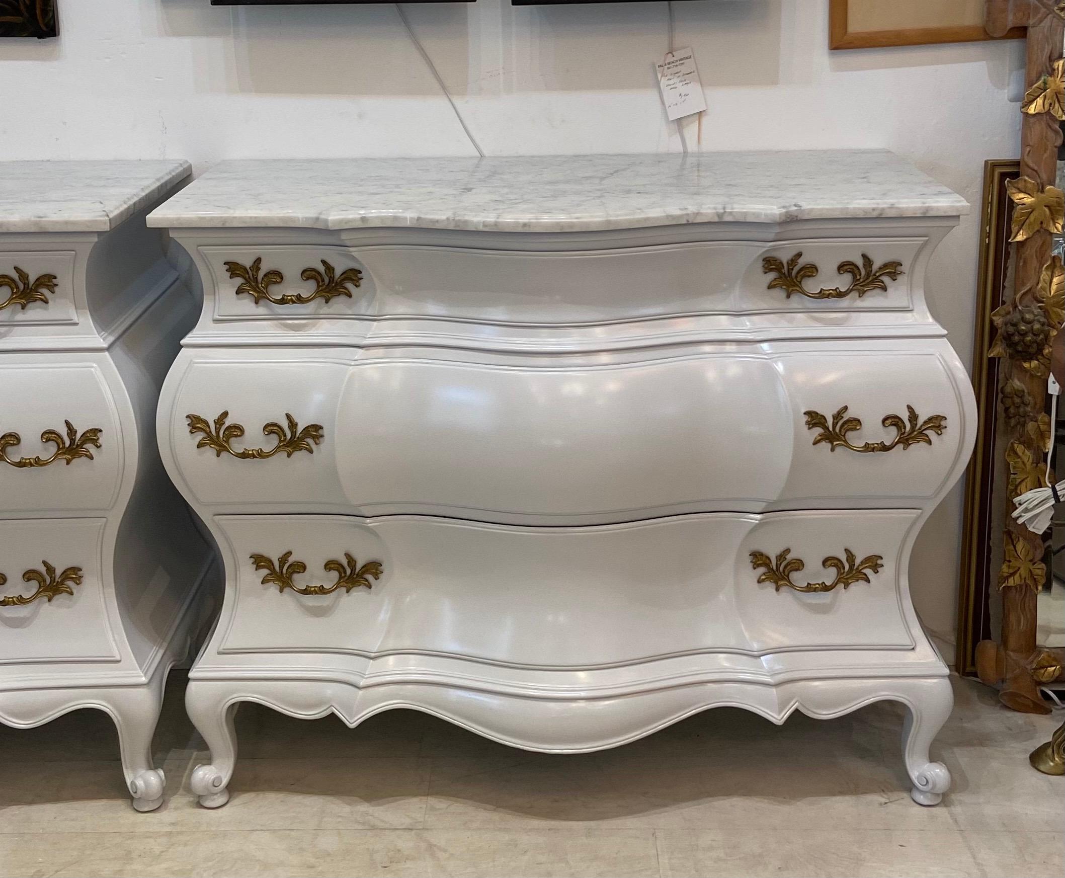 Wood Pair of Baroque Marble Top Three Drawer Commodes For Sale