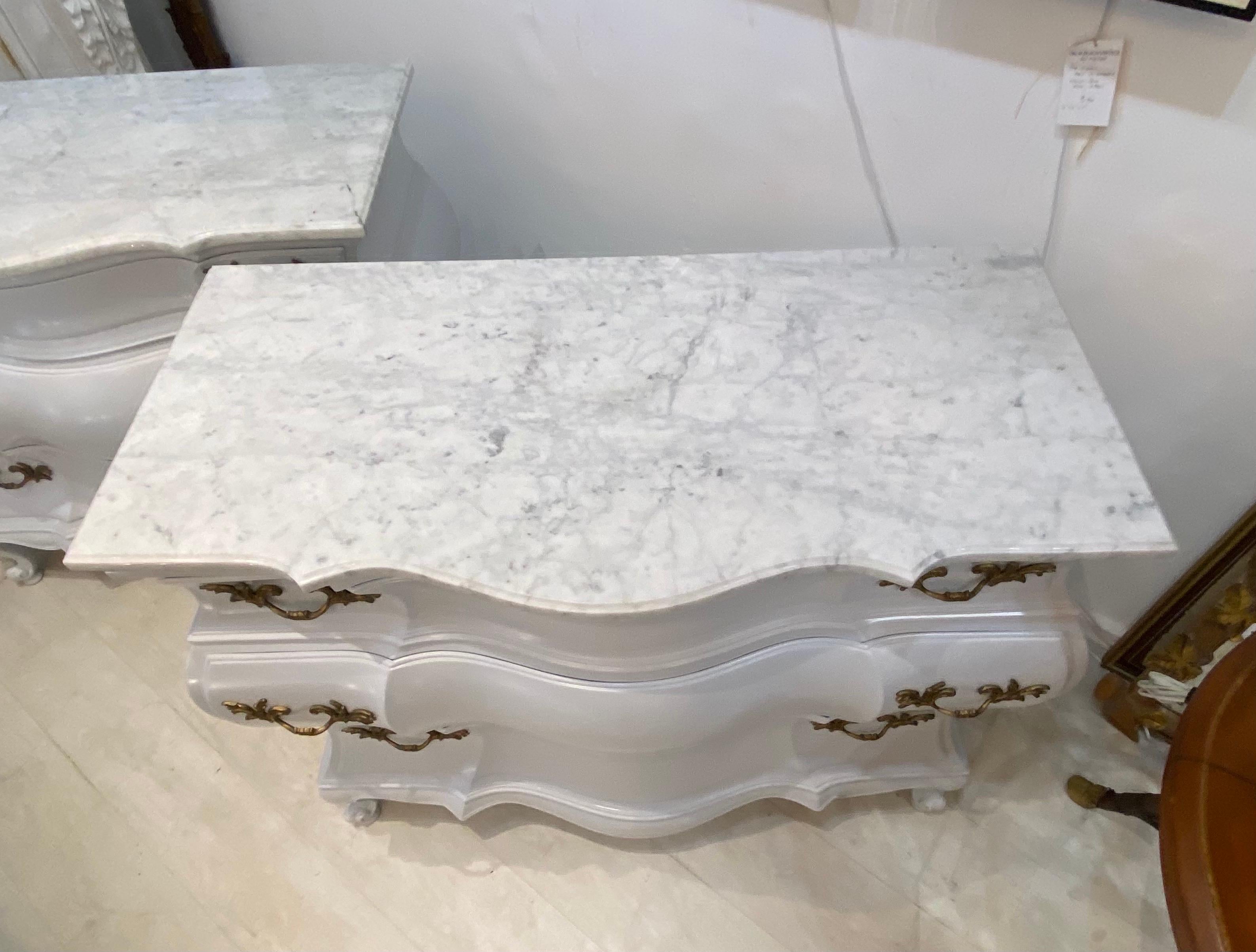 Pair of Baroque Marble Top Three Drawer Commodes For Sale 3