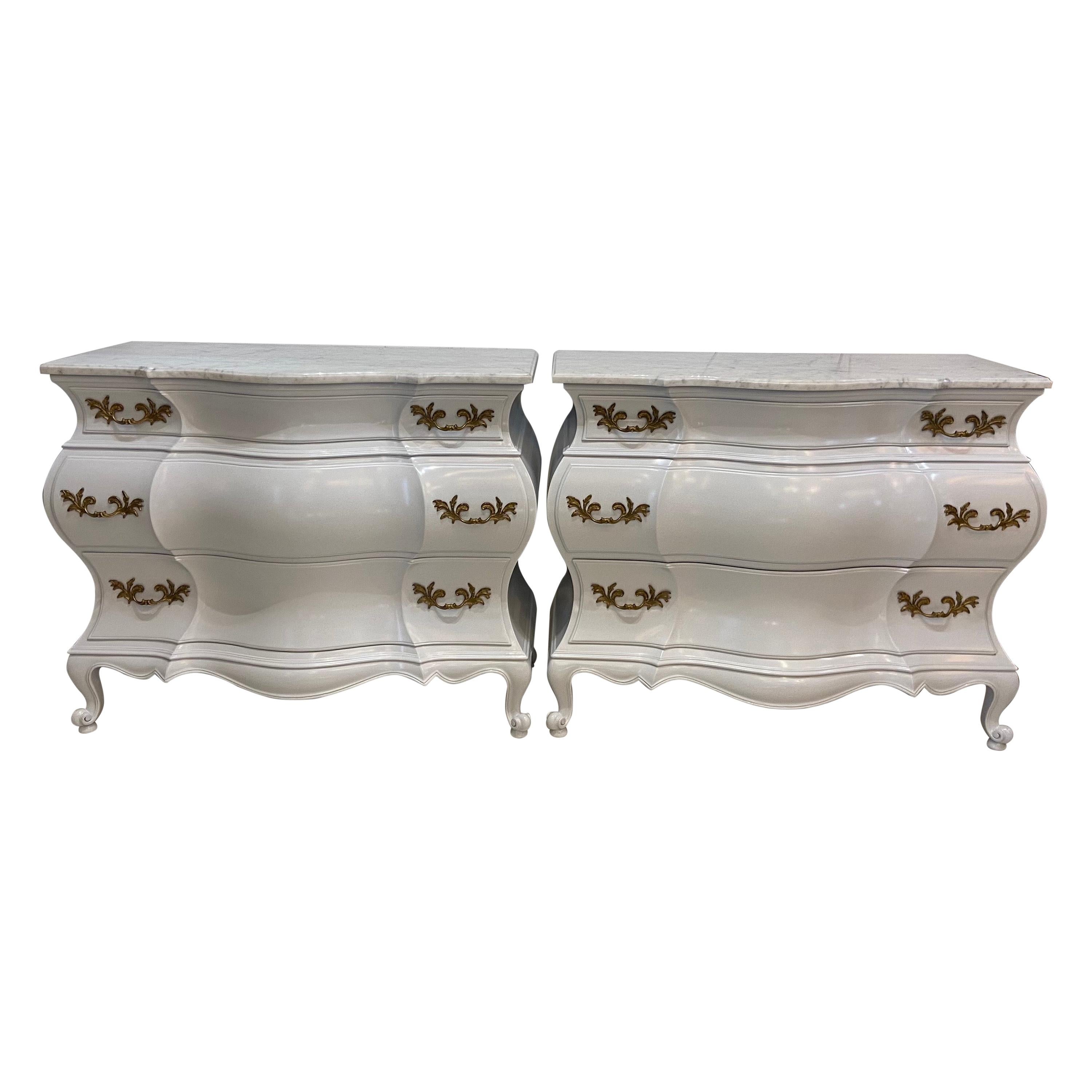 Pair of Baroque Marble Top Three Drawer Commodes For Sale