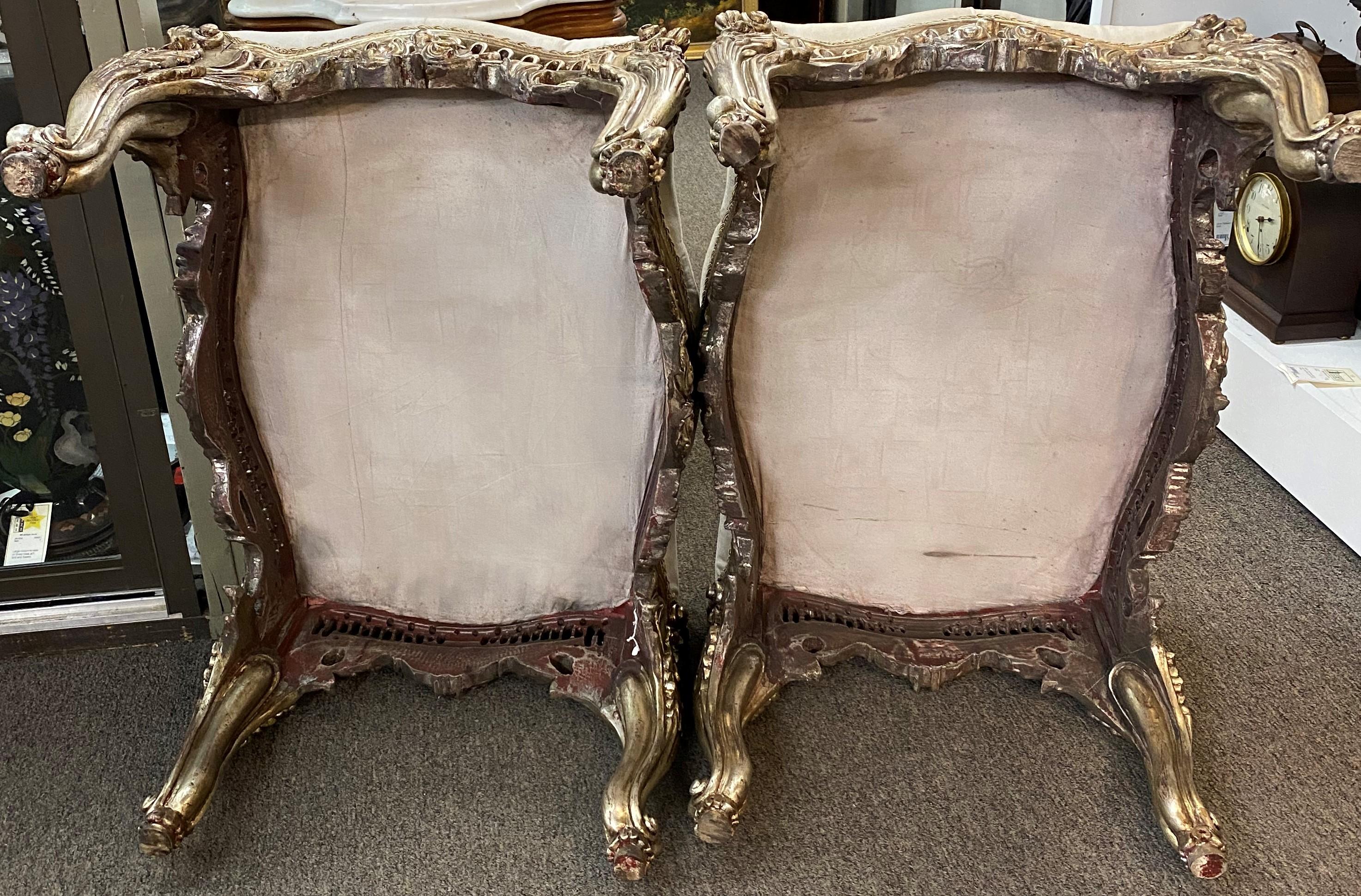 Pair of Baroque or Rococo Style Pierce Carved Silvered Ottomans For Sale 3