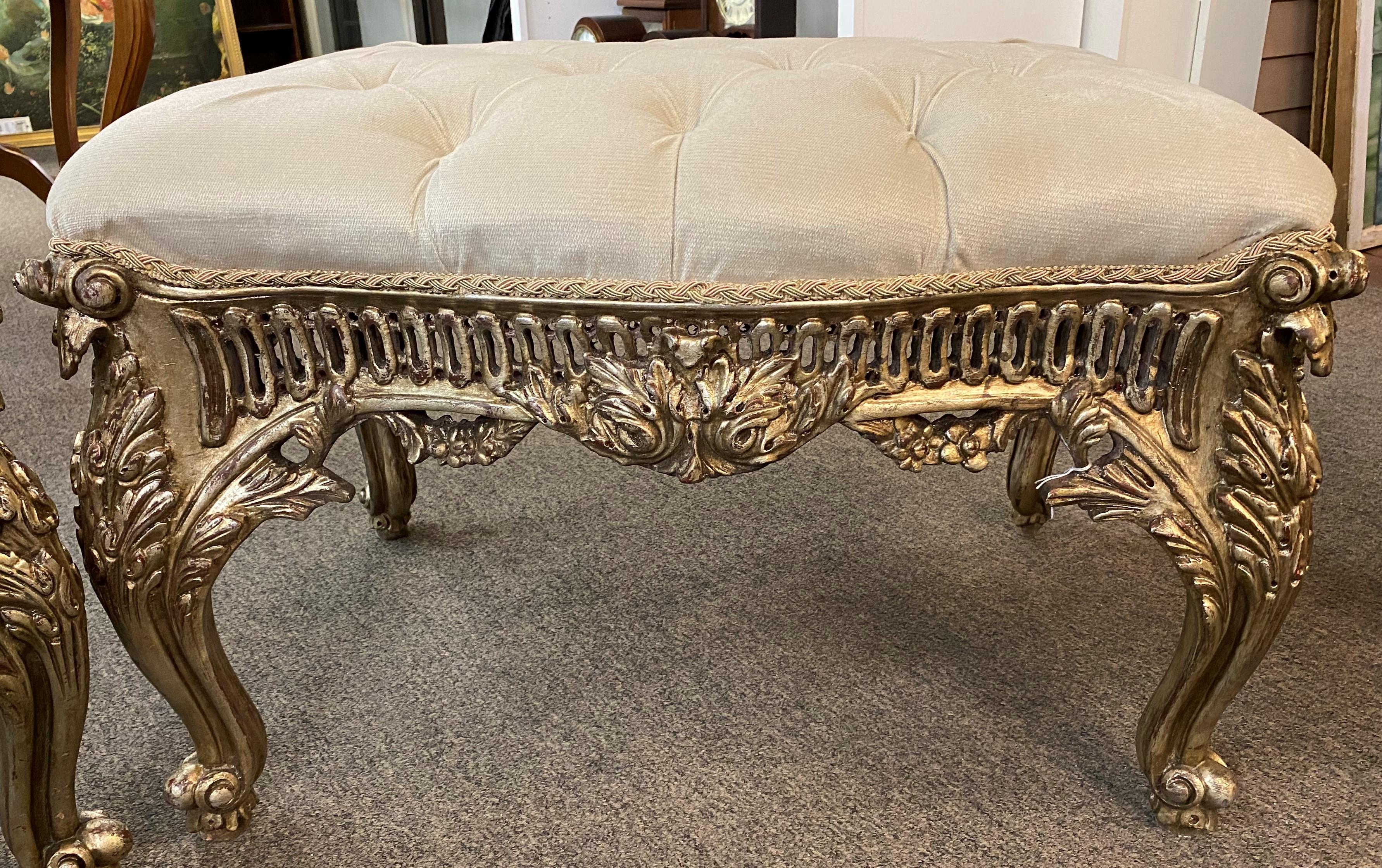 European Pair of Baroque or Rococo Style Pierce Carved Silvered Ottomans For Sale