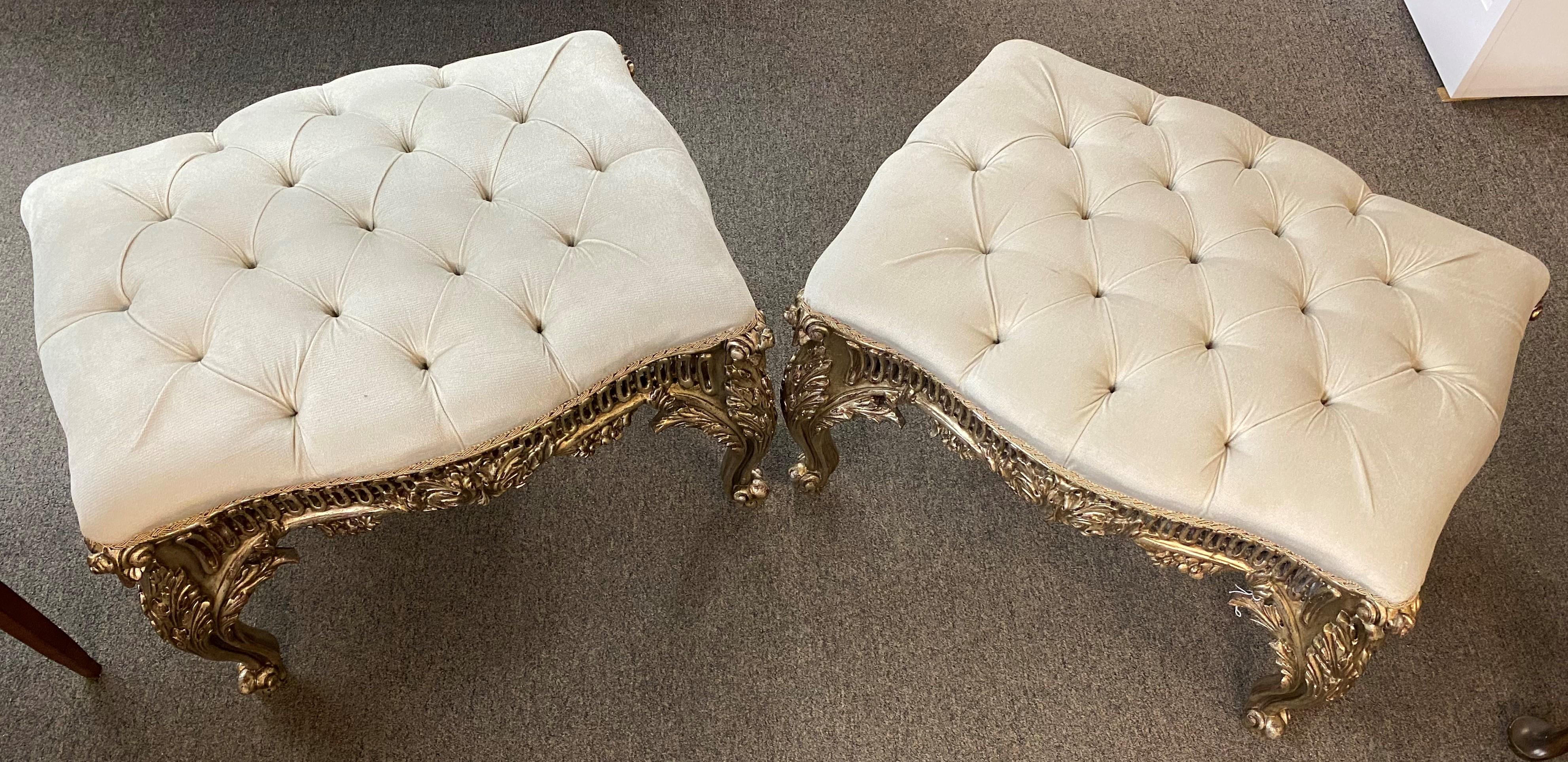 Hand-Carved Pair of Baroque or Rococo Style Pierce Carved Silvered Ottomans For Sale