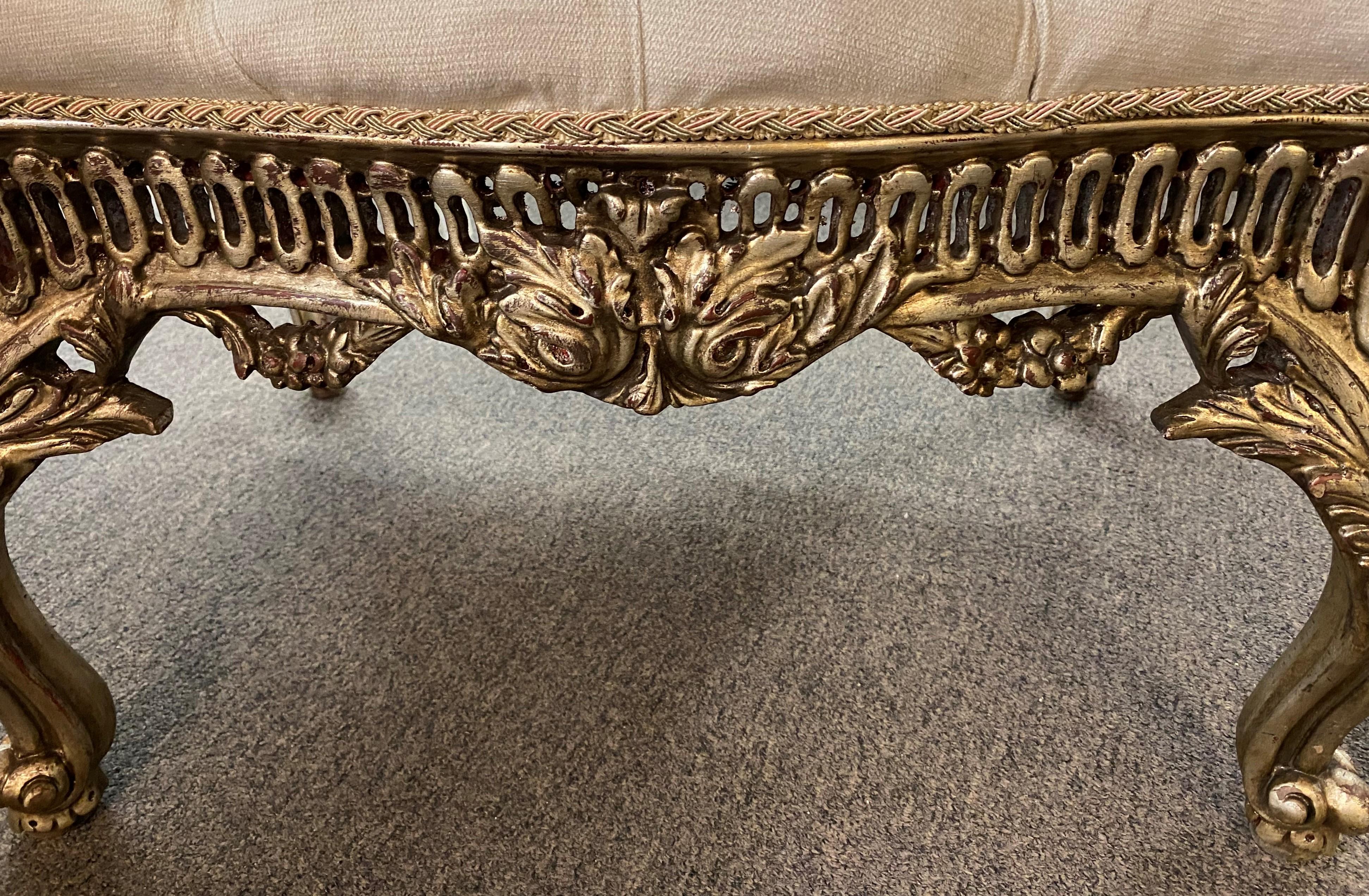 20th Century Pair of Baroque or Rococo Style Pierce Carved Silvered Ottomans For Sale