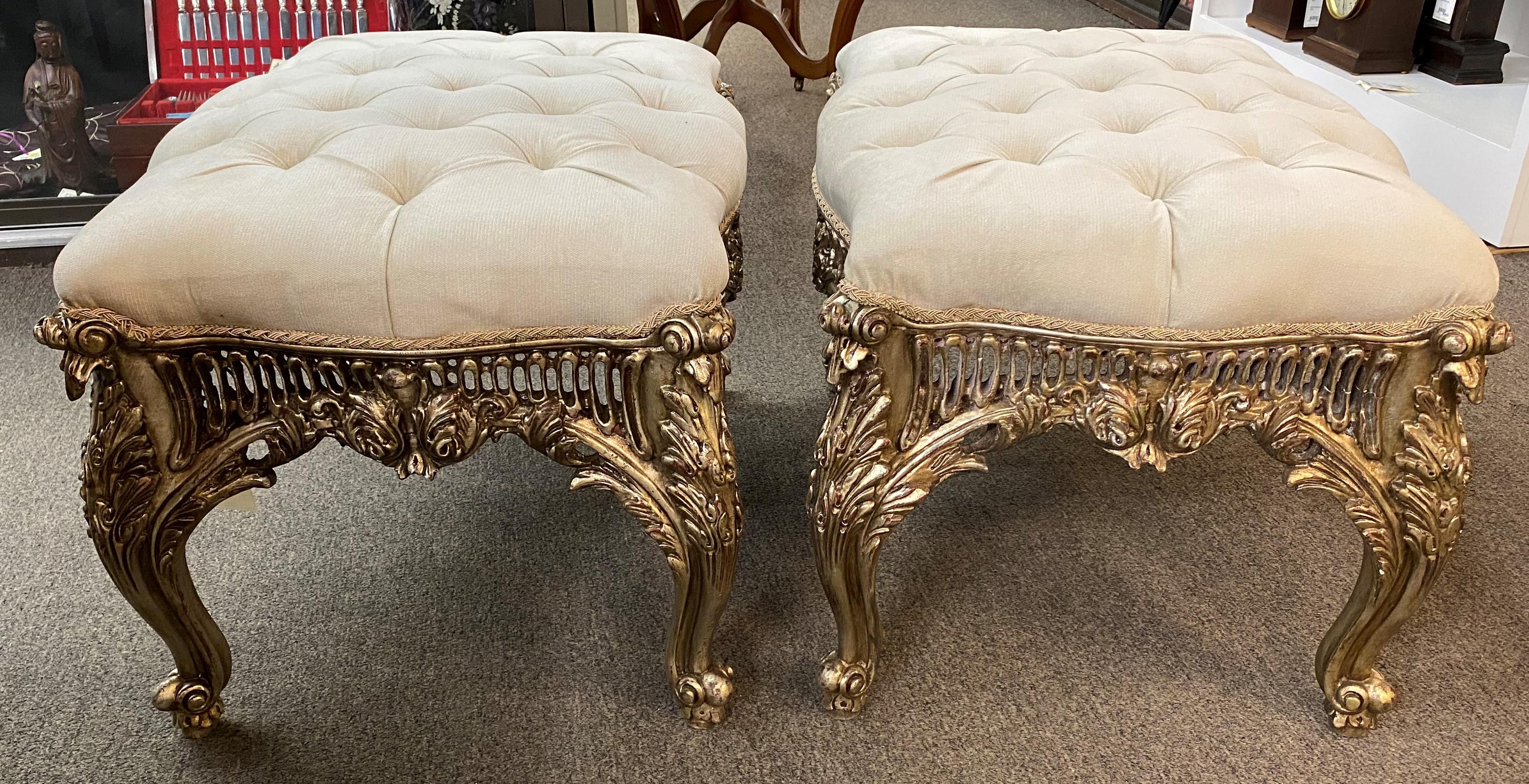 Upholstery Pair of Baroque or Rococo Style Pierce Carved Silvered Ottomans For Sale