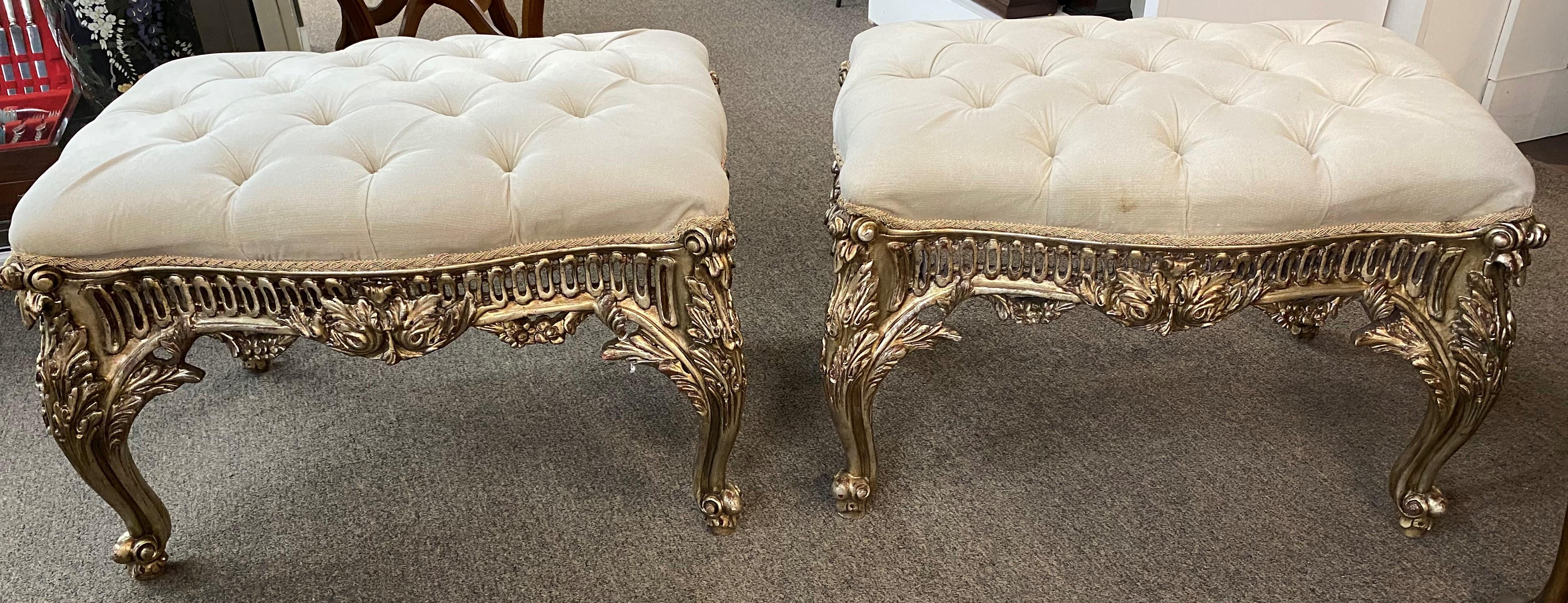 Pair of Baroque or Rococo Style Pierce Carved Silvered Ottomans For Sale 1