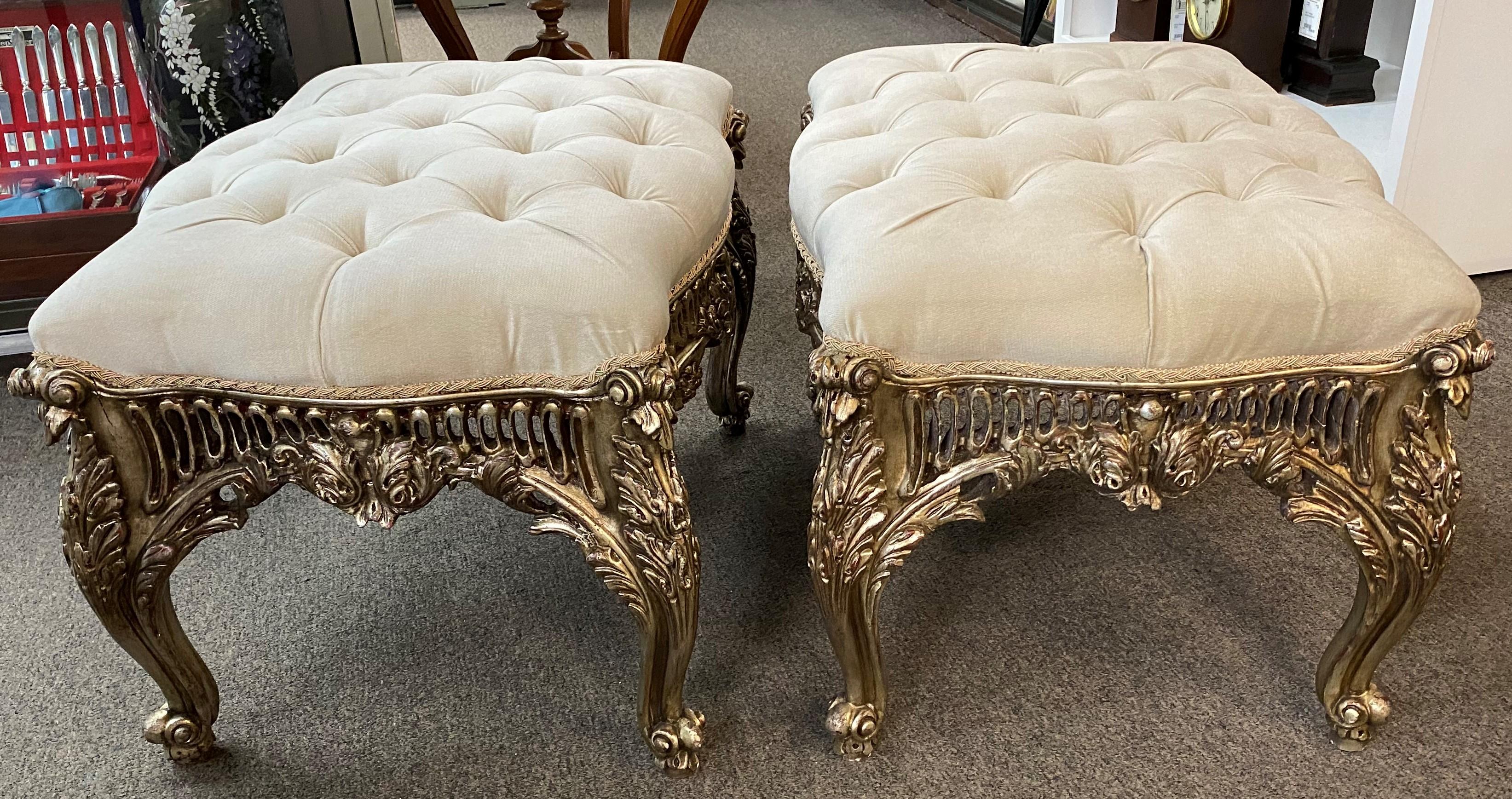 Pair of Baroque or Rococo Style Pierce Carved Silvered Ottomans For Sale 2