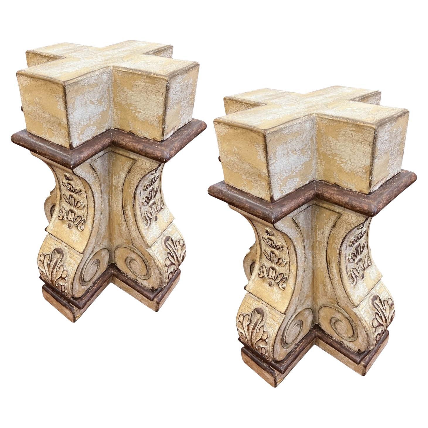 Pair of Baroque Revival Distressed Plaster Pedestals