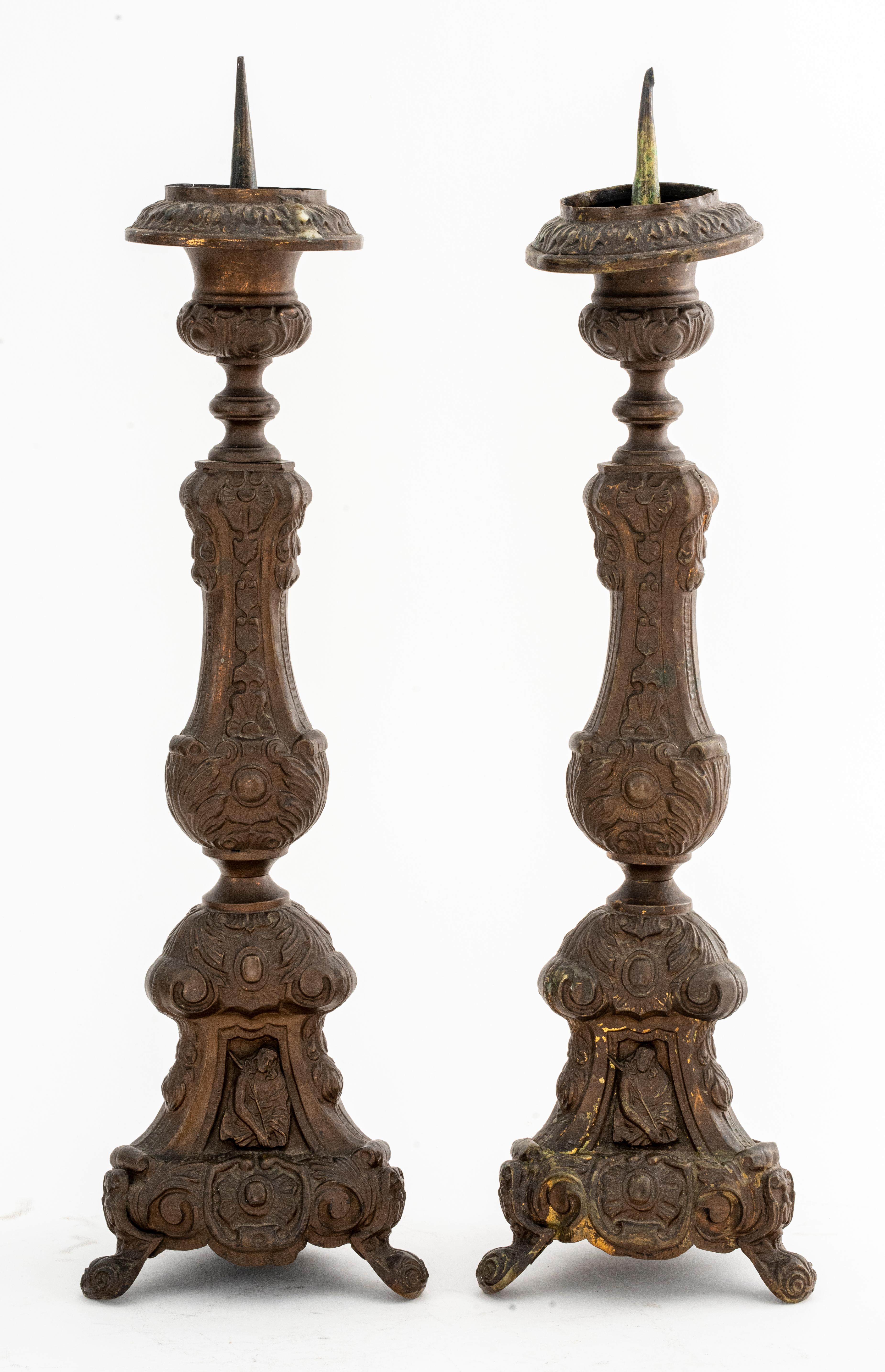 European Pair of Baroque Revival Repousse Brass Candle Pricks For Sale