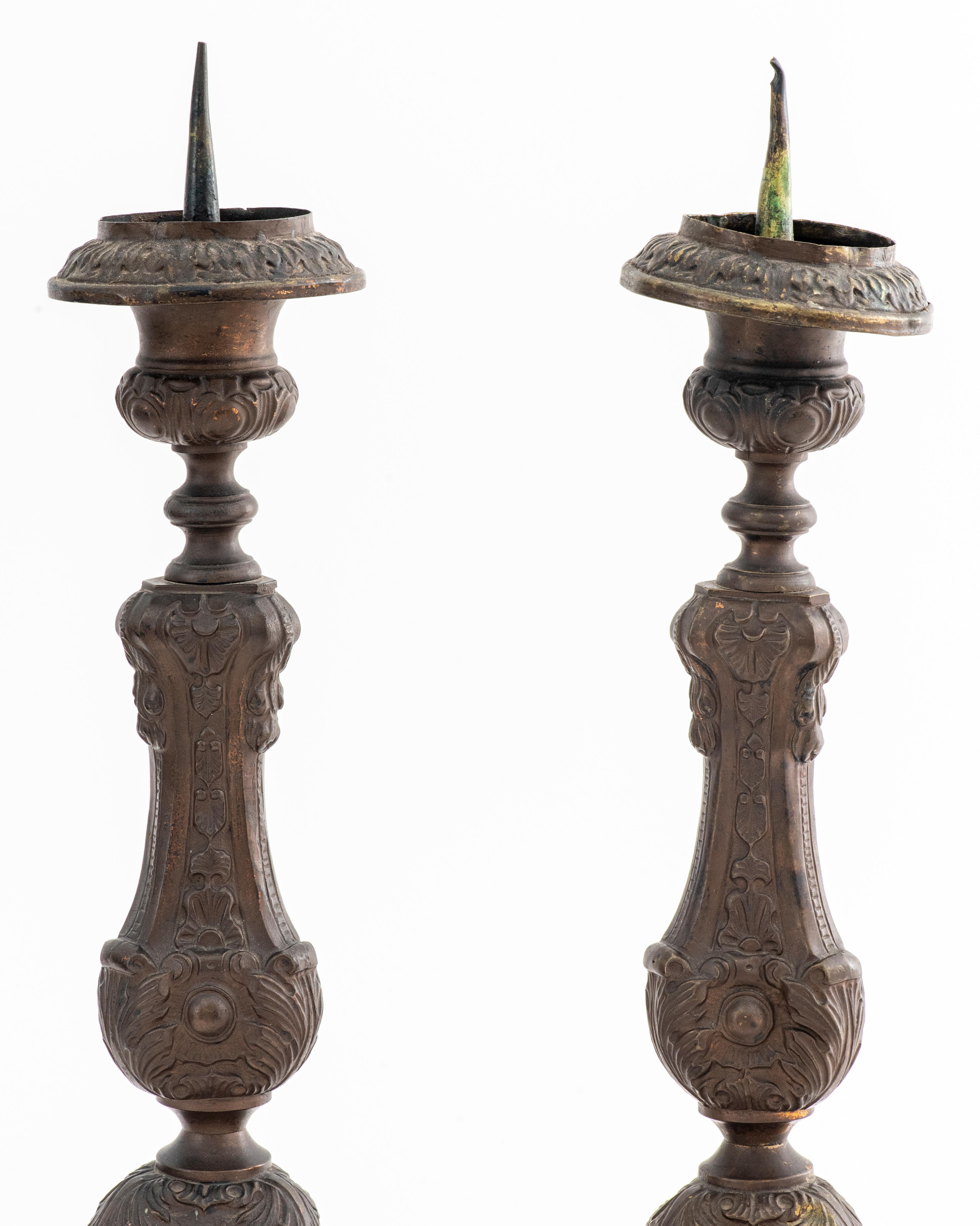 Repoussé Pair of Baroque Revival Repousse Brass Candle Pricks For Sale