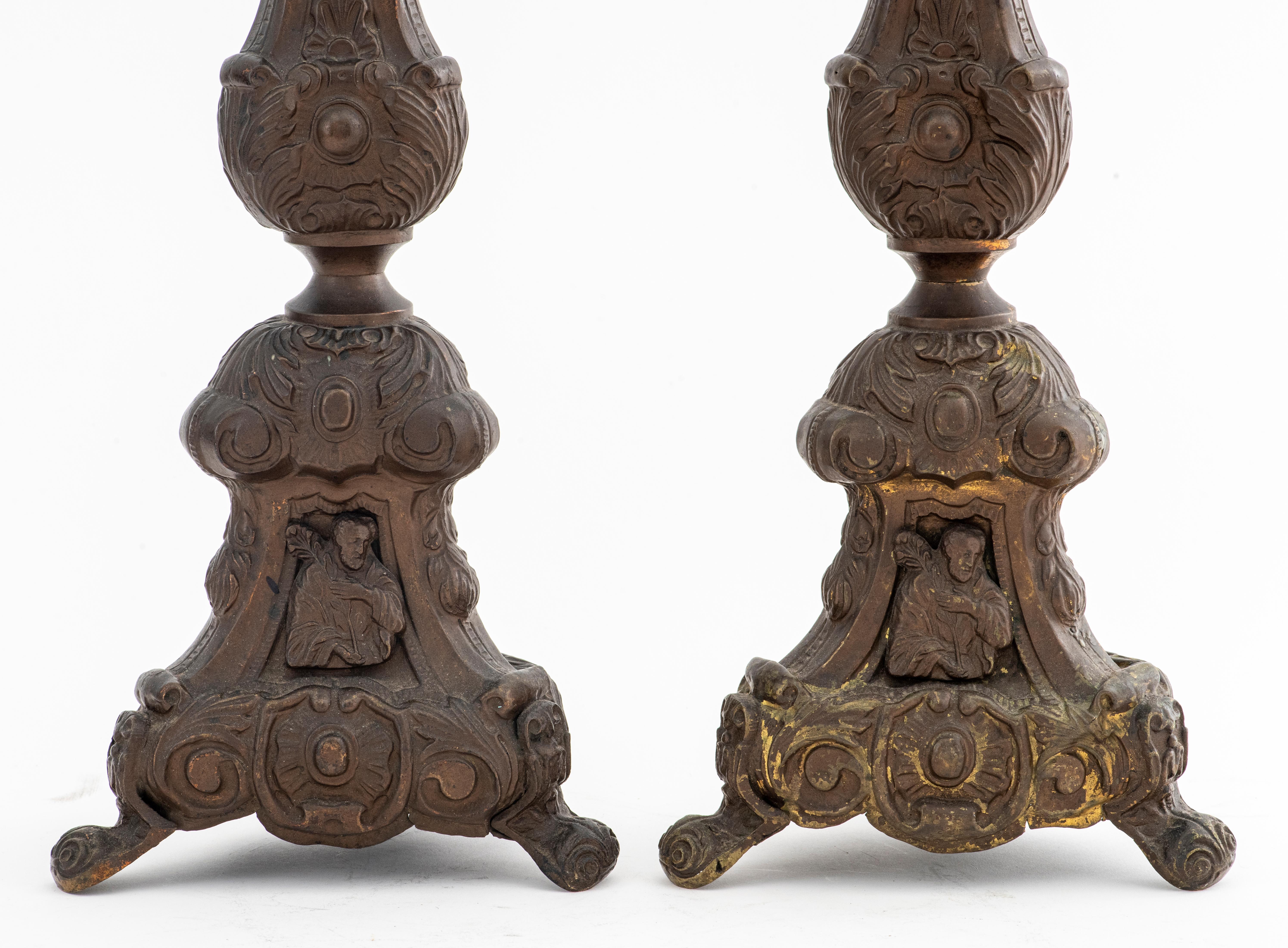 Pair of Baroque Revival Repousse Brass Candle Pricks In Good Condition For Sale In New York, NY