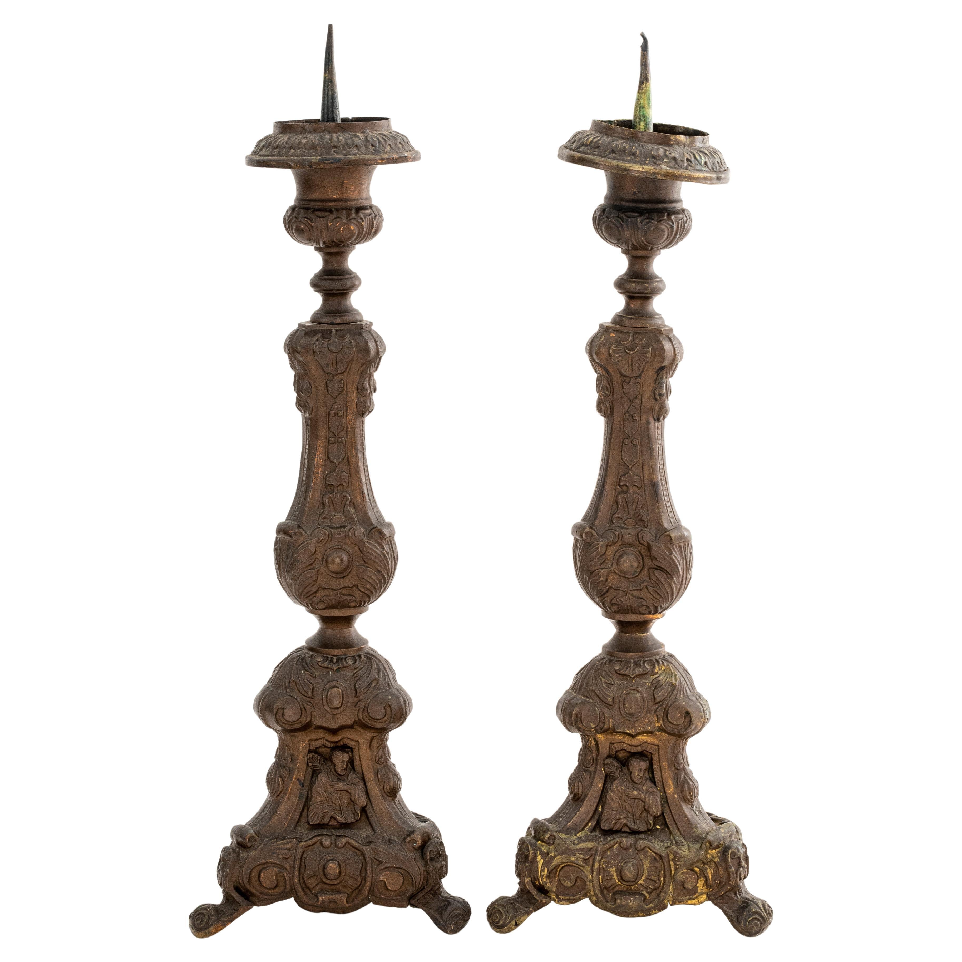 Pair of Baroque Revival Repousse Brass Candle Pricks
