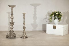 Pair of Baroque Revival Silver-Plated Bronze Candlesticks with Cherub Decoration