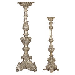 Pair of Baroque Revival Silver-Plated Bronze Candlesticks with Cherub Decoration