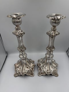 Pair of Baroque Revival Sterling Silver Candlesticks with Figural Tripod Bases