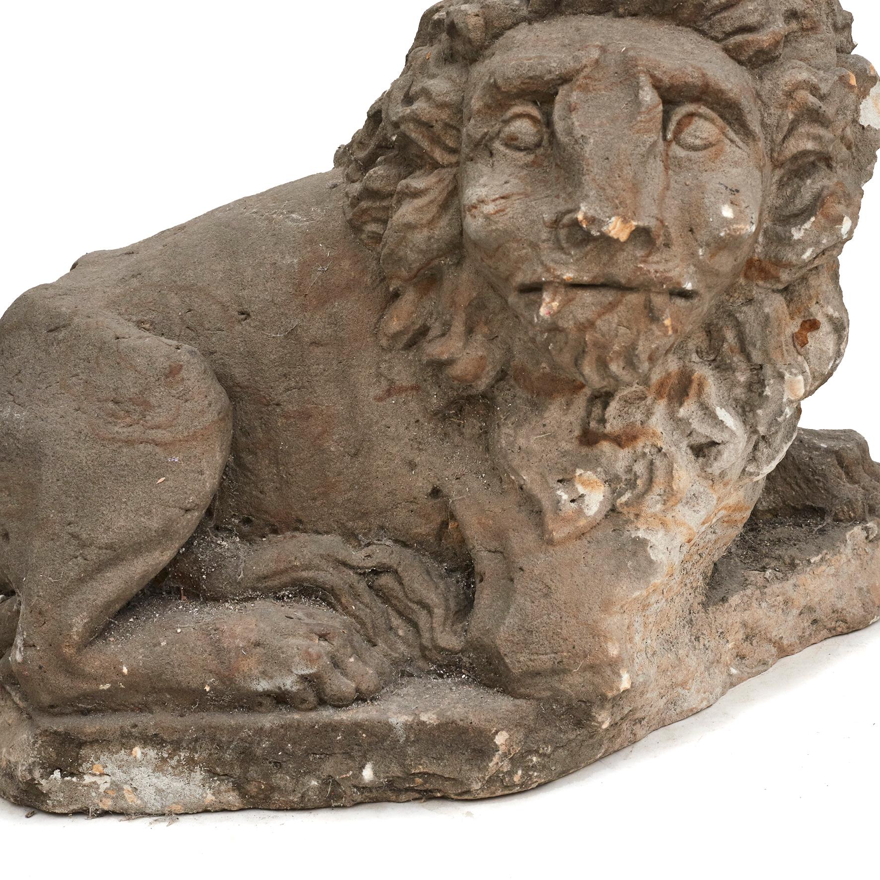 Hand-Crafted Pair of Baroque Sandstone Lions For Sale