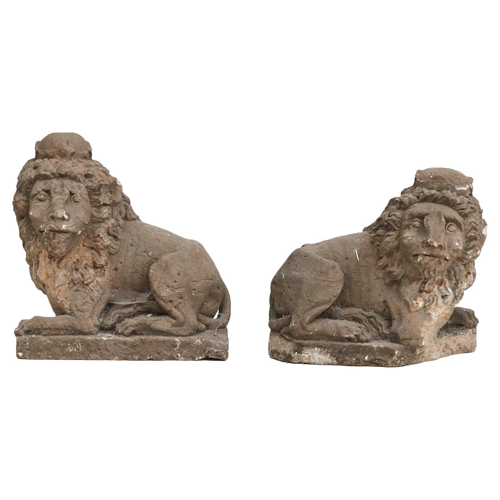 Pair of Baroque Sandstone Lions For Sale