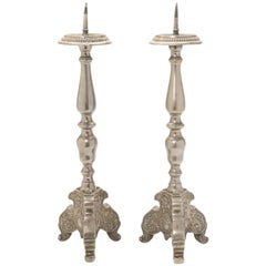 Pair of Baroque Style 19th Century Pewter Altar Candlesticks