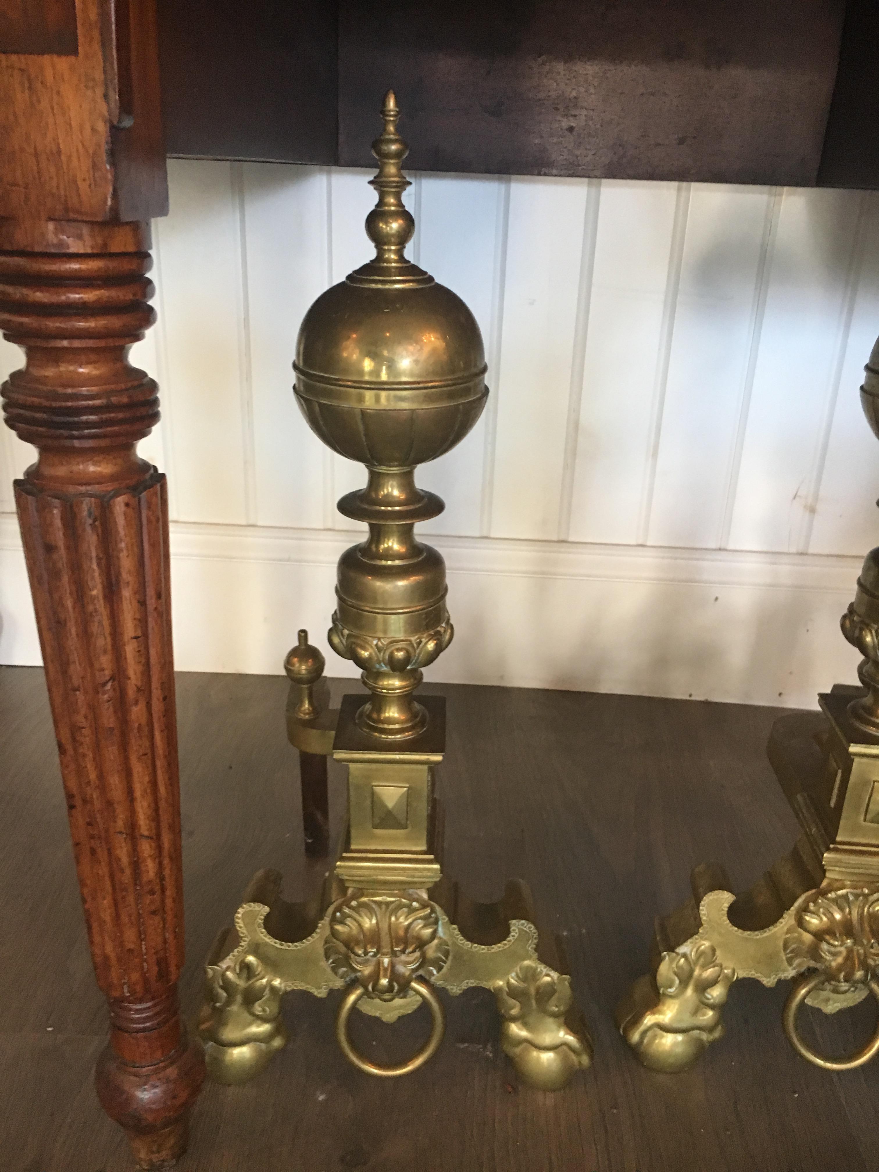 English Pair of Baroque Style Brass Andirons For Sale