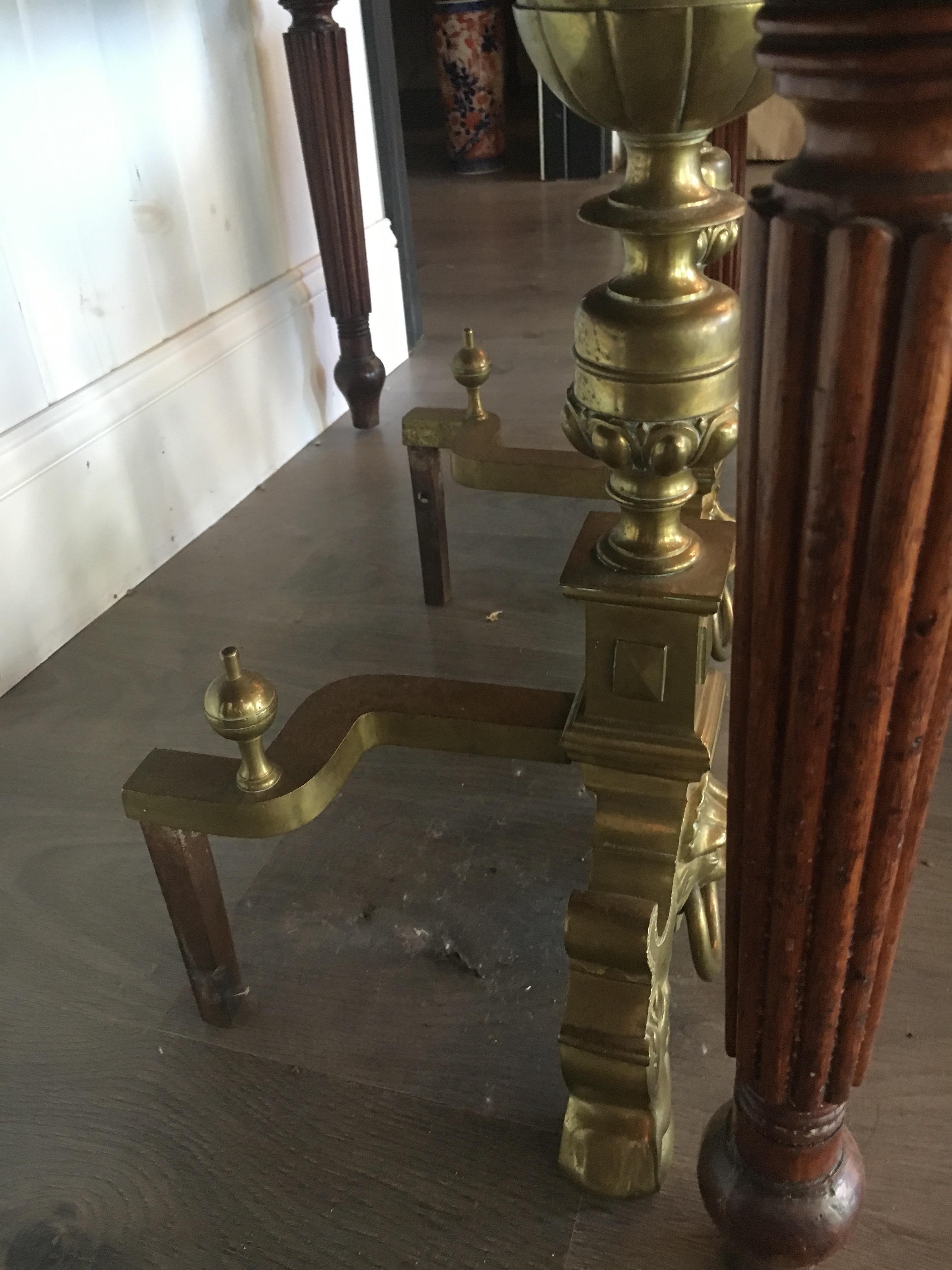 Pair of Baroque Style Brass Andirons In Excellent Condition For Sale In Buchanan, MI
