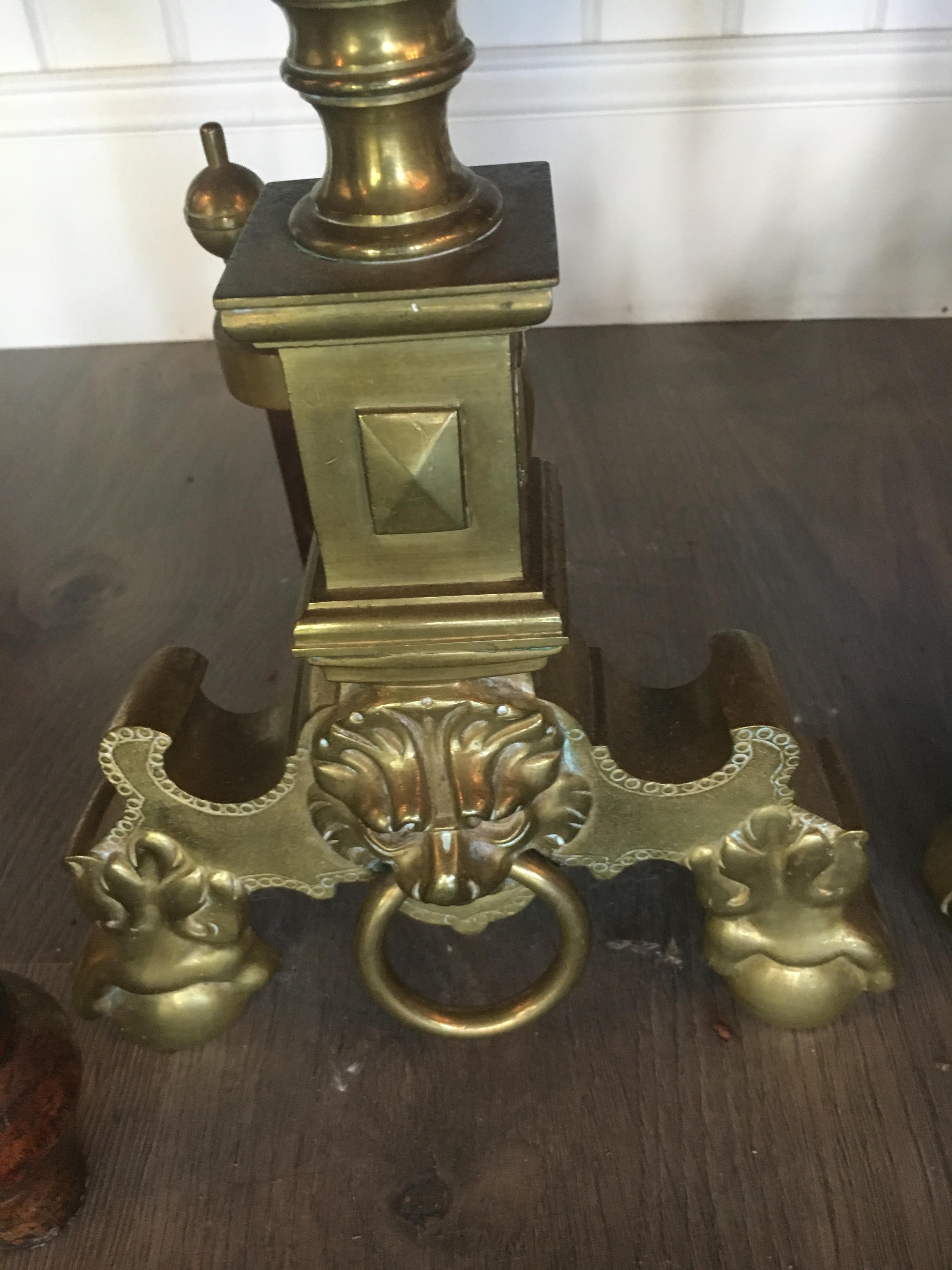 19th Century Pair of Baroque Style Brass Andirons For Sale