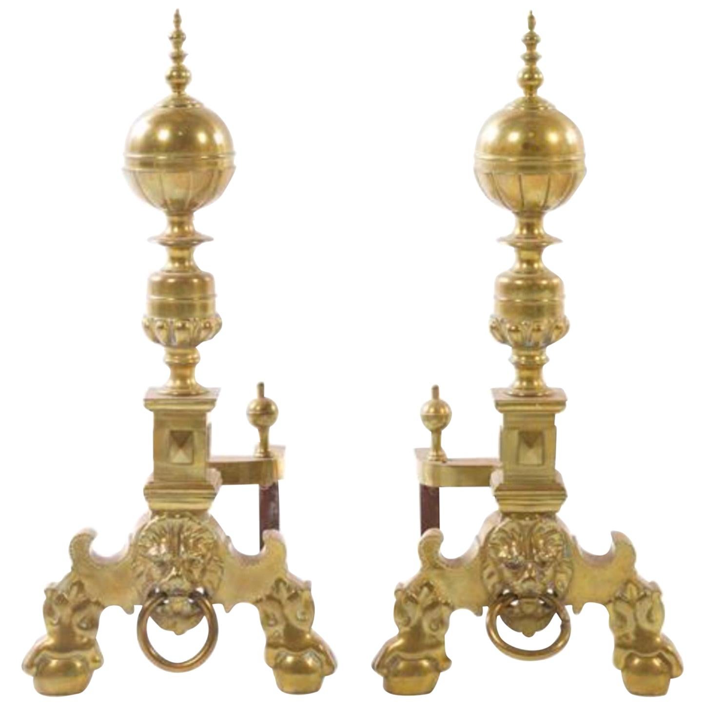 Pair of Baroque Style Brass Andirons