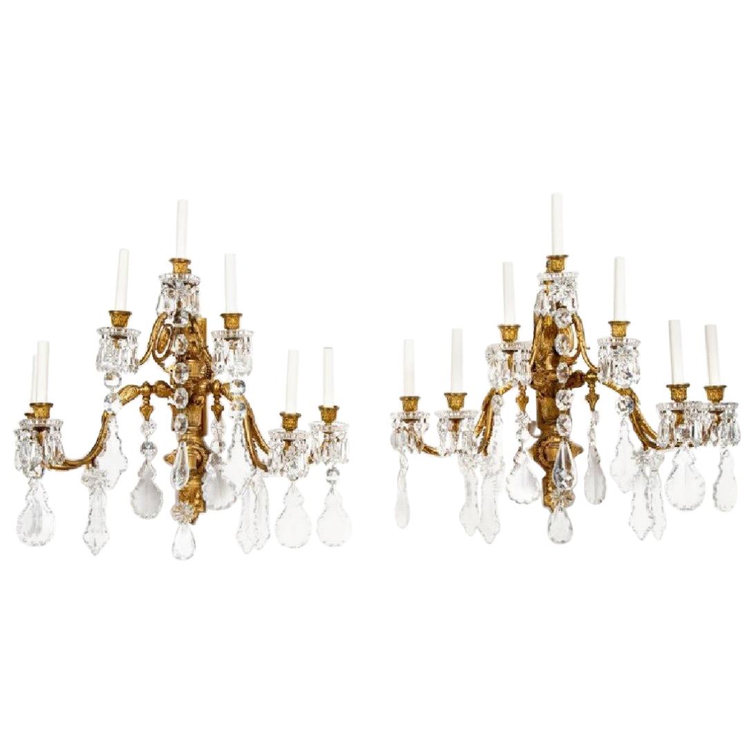 Pair of Baroque Style Bronze and Crystal Wall Sconces For Sale