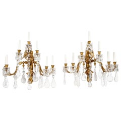 Antique Pair of Baroque Style Bronze and Crystal Wall Sconces