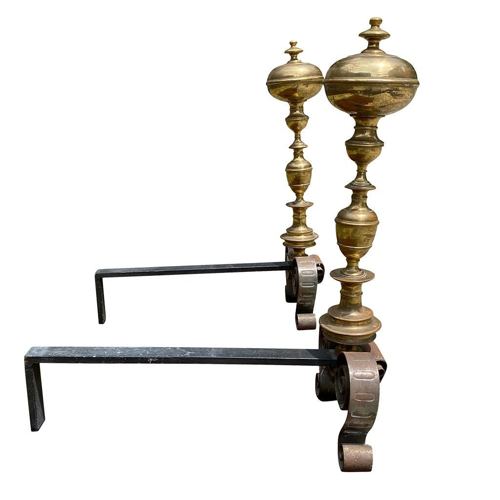 Baroque Revival Pair of Baroque Style Bronze and Wrought Iron Andirons