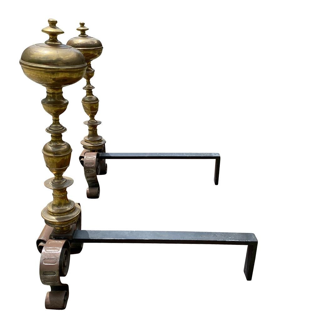 European Pair of Baroque Style Bronze and Wrought Iron Andirons