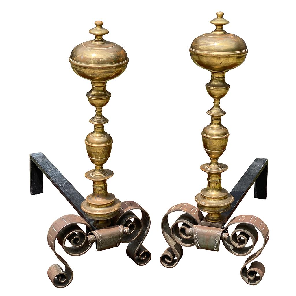 Pair of Baroque Style Bronze and Wrought Iron Andirons
