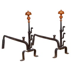 Pair of Baroque Style Bronze and Wrought Iron Andirons