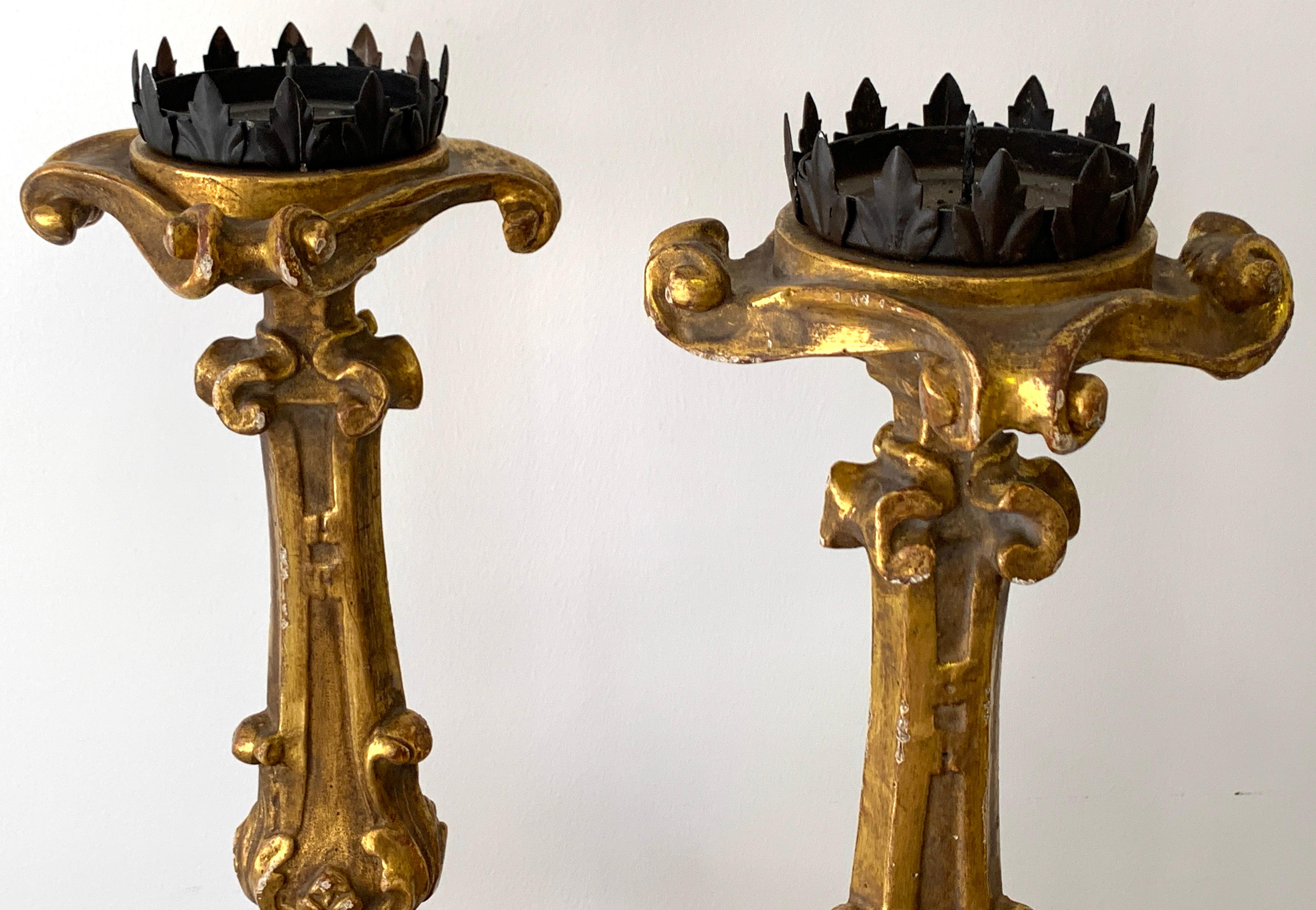 Italian Pair of Baroque Style Carved Giltwood Pricket Candlesticks