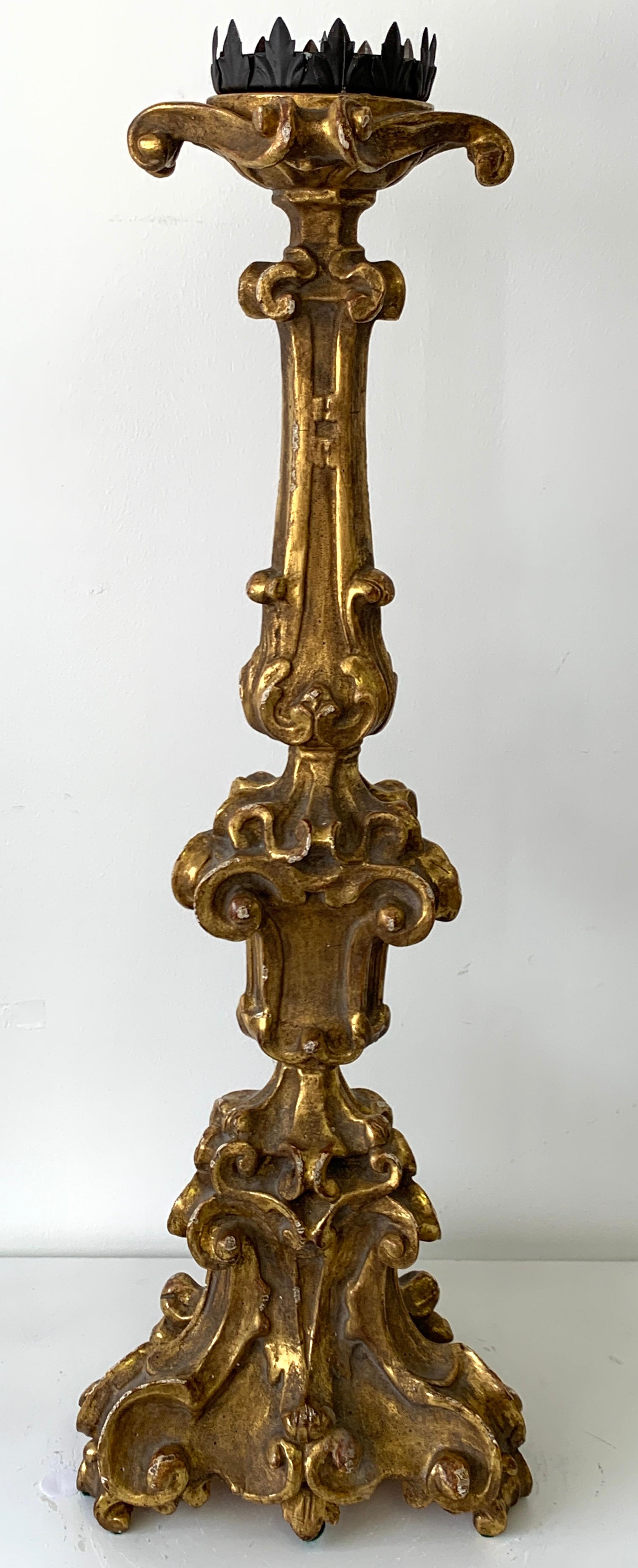 Pair of Baroque Style Carved Giltwood Pricket Candlesticks In Good Condition In West Palm Beach, FL