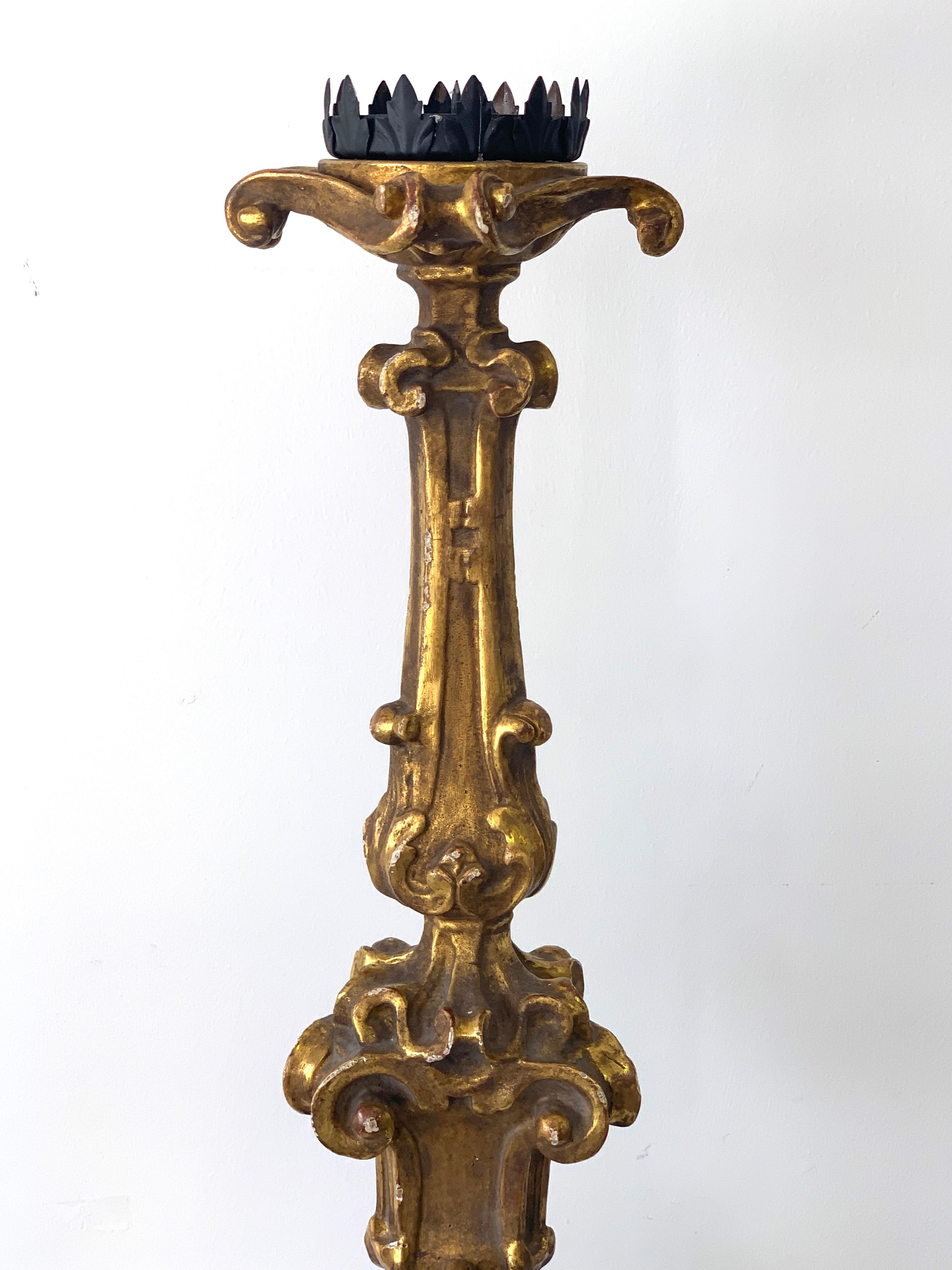 20th Century Pair of Baroque Style Carved Giltwood Pricket Candlesticks