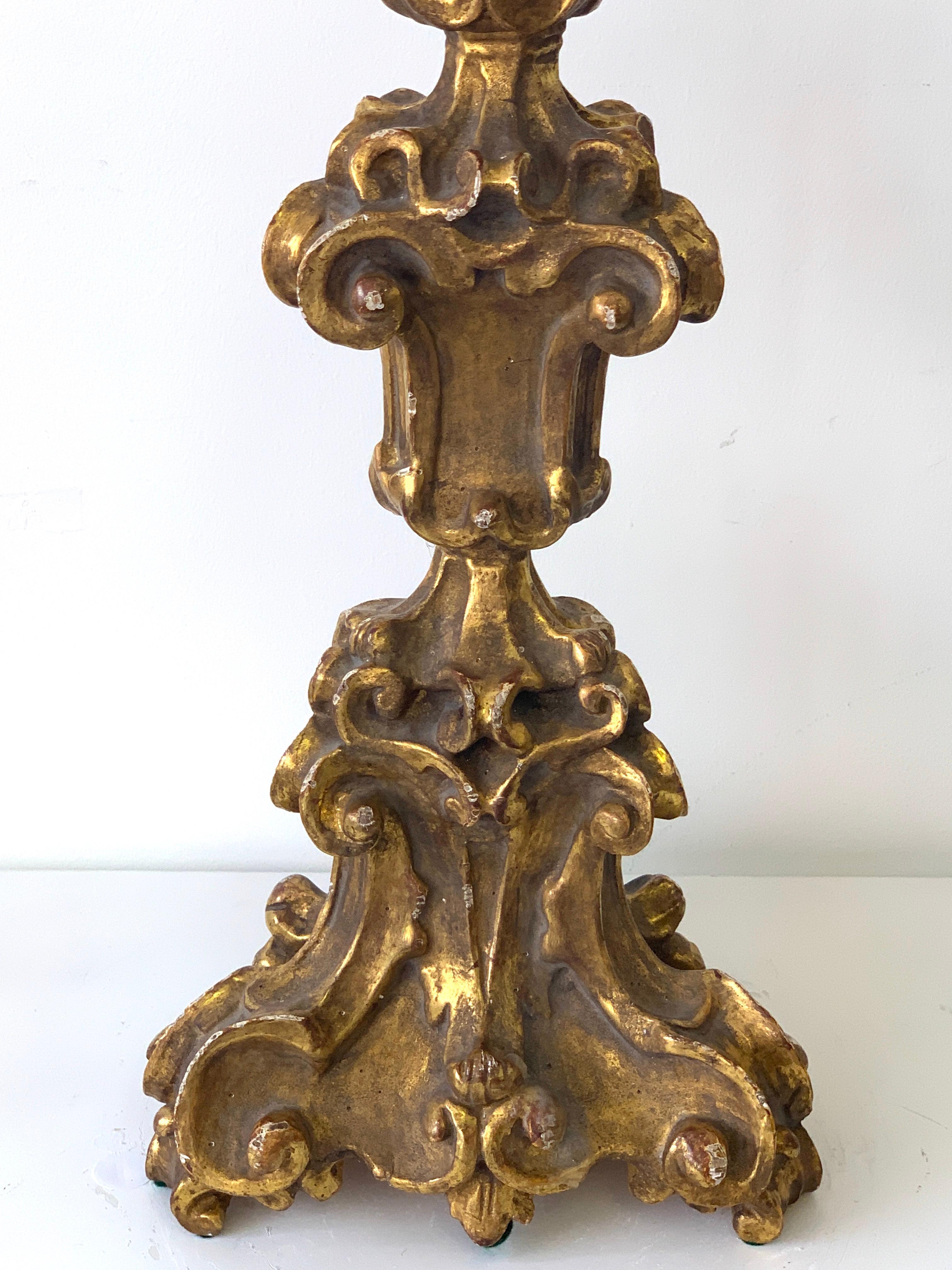 Pair of Baroque Style Carved Giltwood Pricket Candlesticks 1