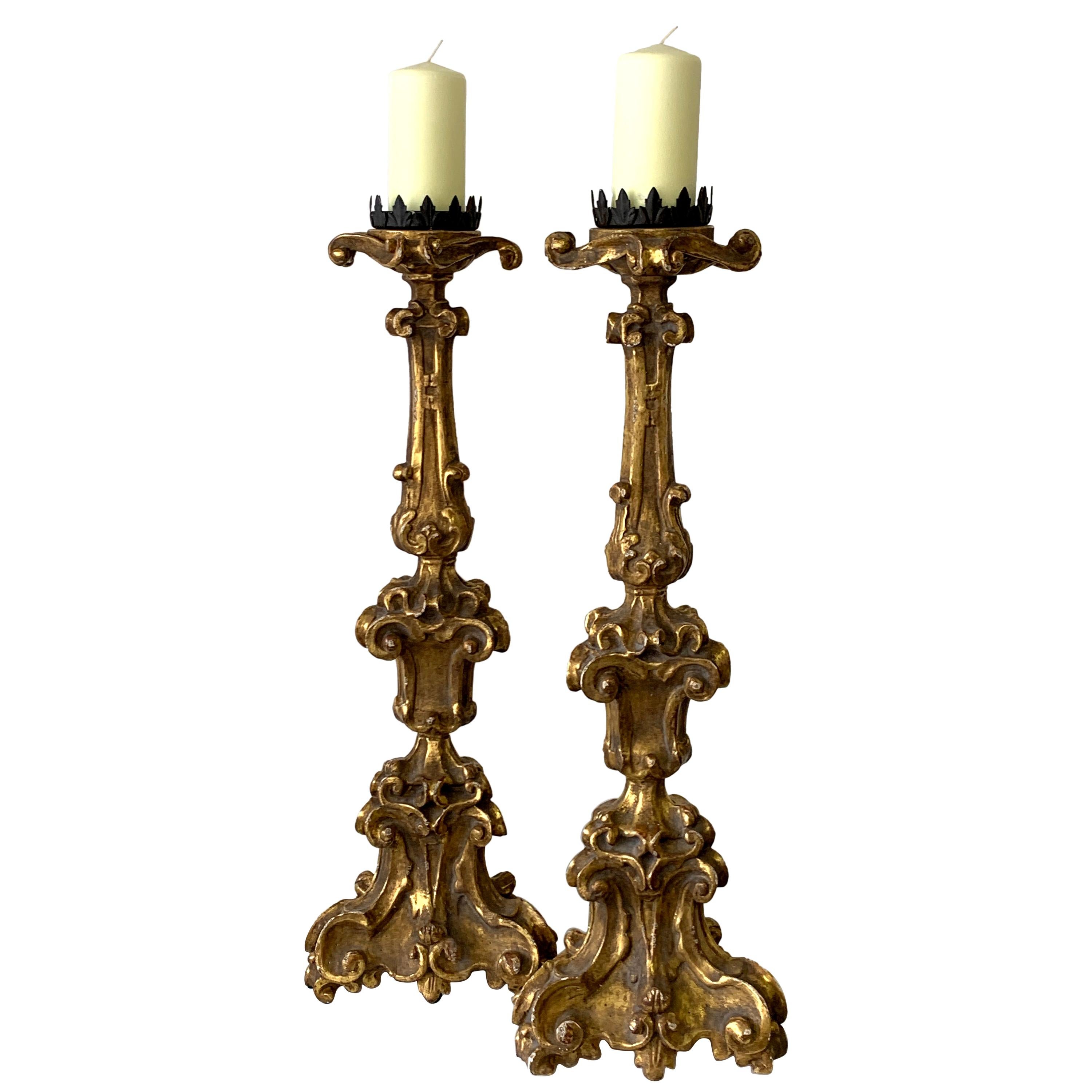 Pair of Baroque Style Carved Giltwood Pricket Candlesticks