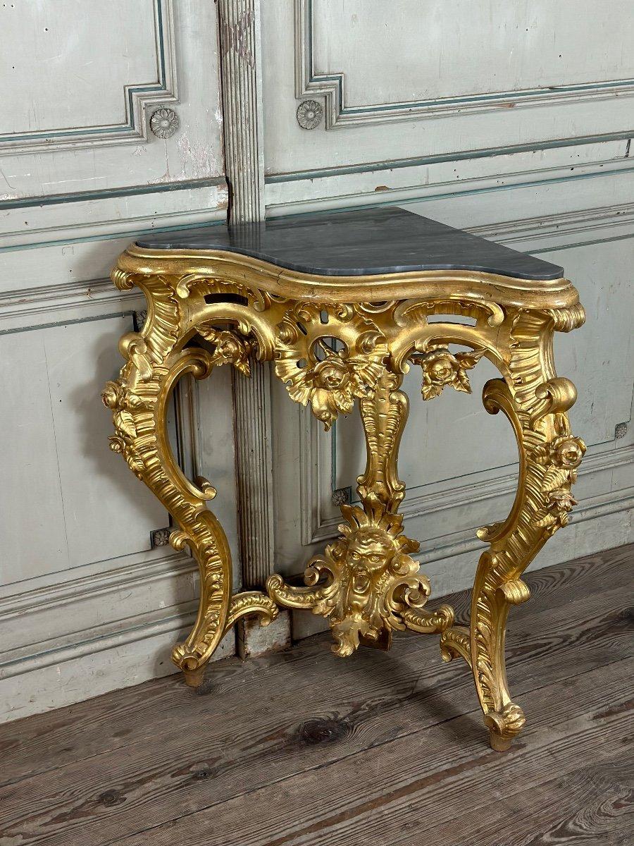Italian Pair Of Baroque Style Gilded Carved Wood Consoles, Italy Circa 1880 For Sale