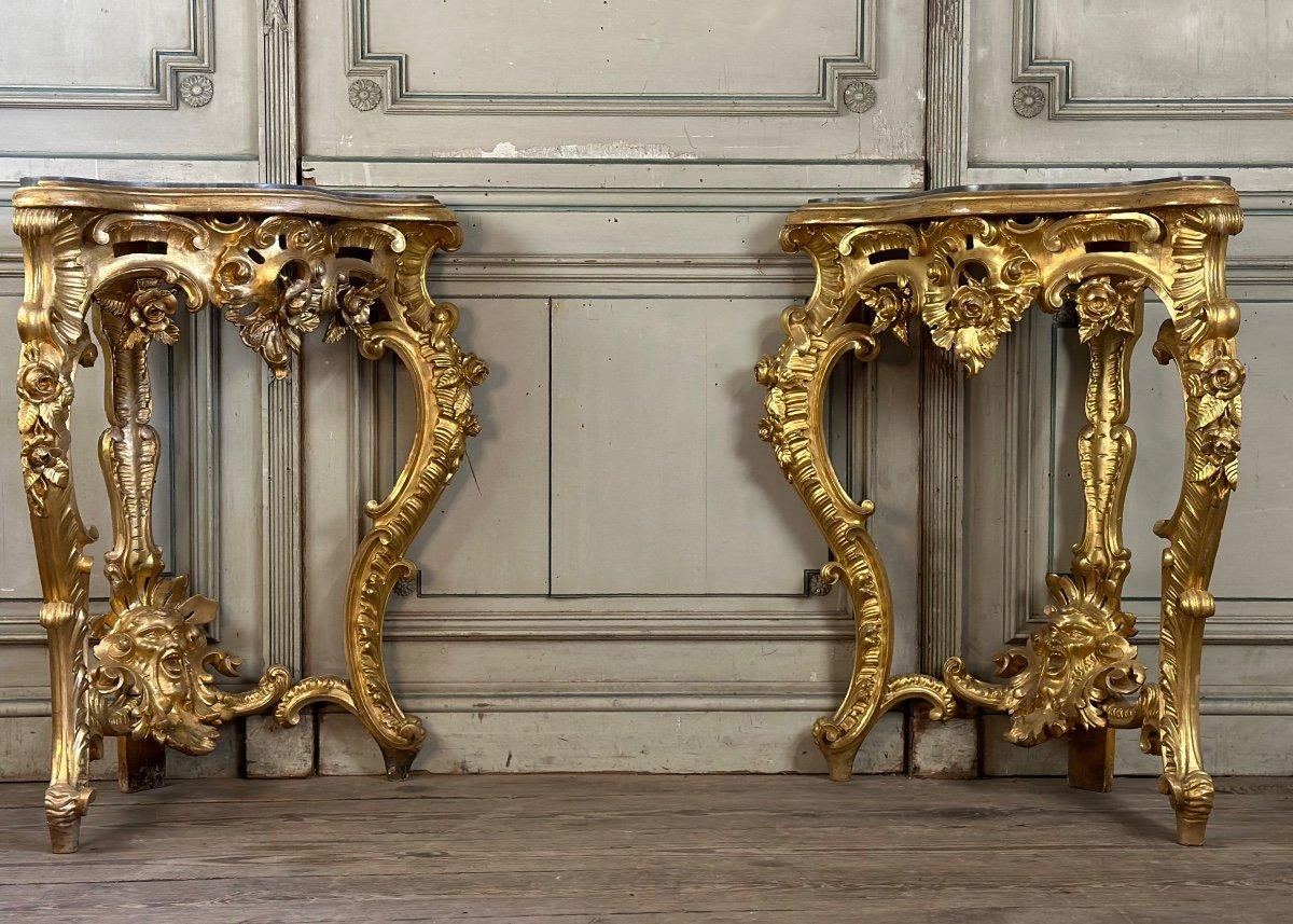 Pair Of Baroque Style Gilded Carved Wood Consoles, Italy Circa 1880 In Excellent Condition For Sale In Honnelles, WHT