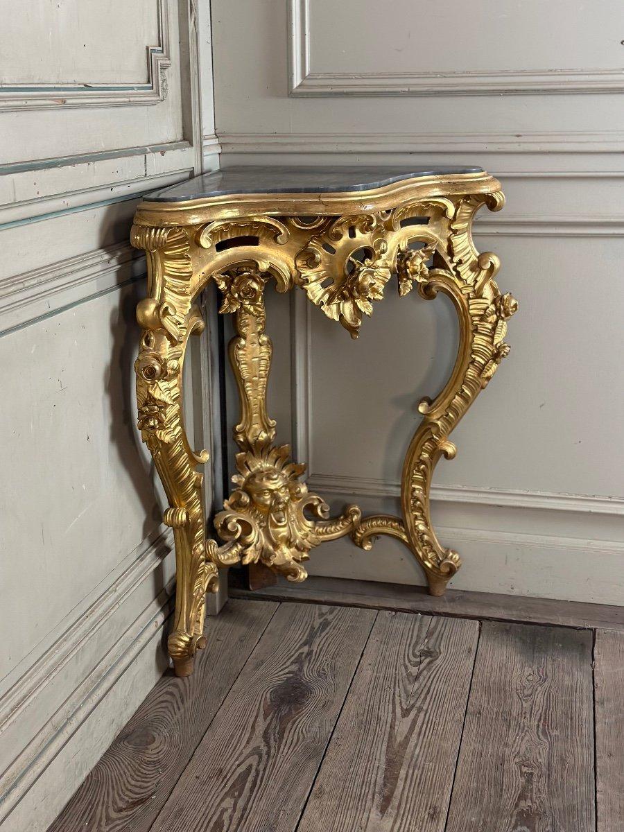 Marble Pair Of Baroque Style Gilded Carved Wood Consoles, Italy Circa 1880 For Sale