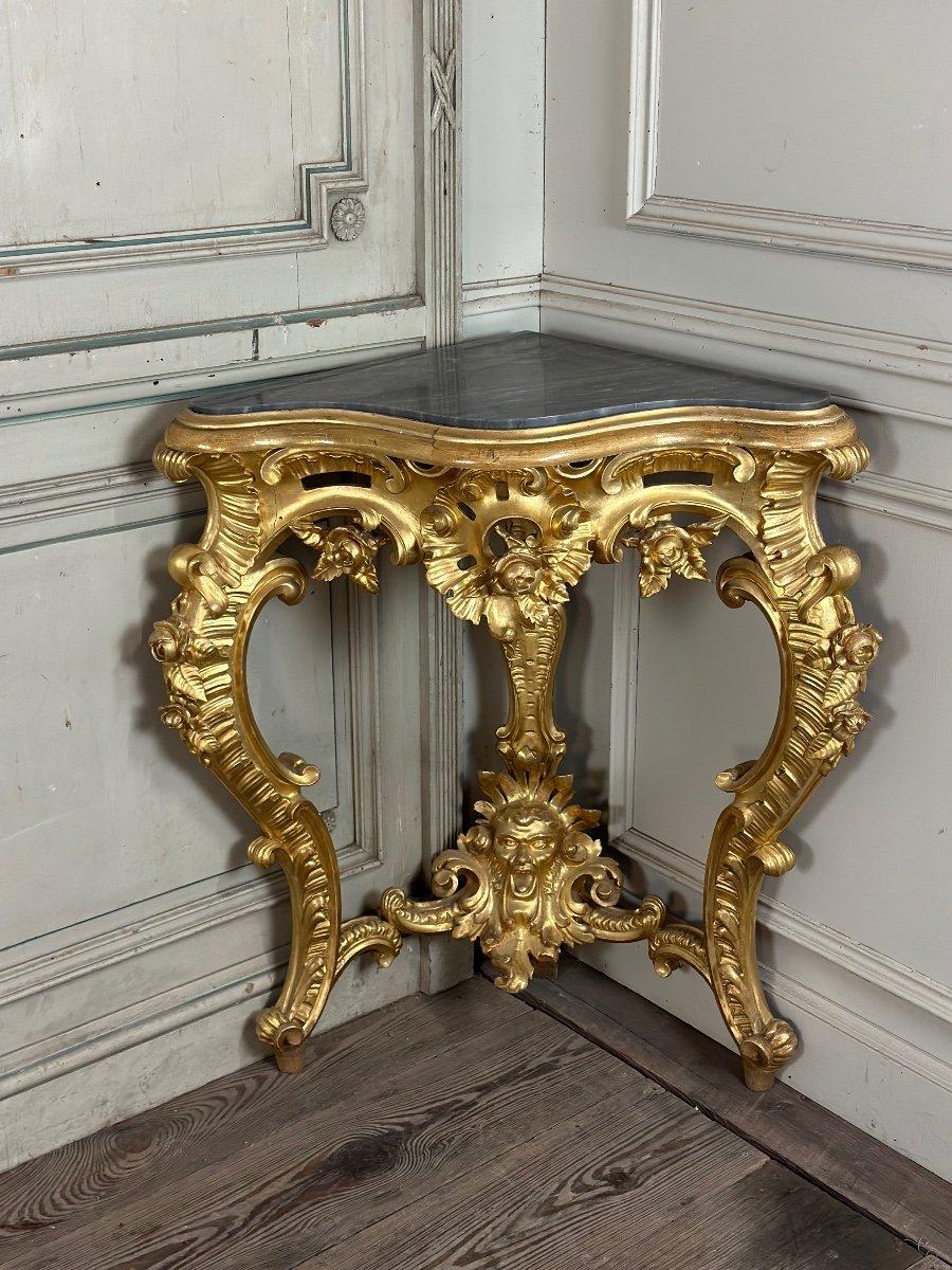 Pair Of Baroque Style Gilded Carved Wood Consoles, Italy Circa 1880 For Sale 1