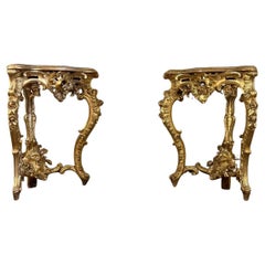 Antique Pair Of Baroque Style Gilded Carved Wood Consoles, Italy Circa 1880