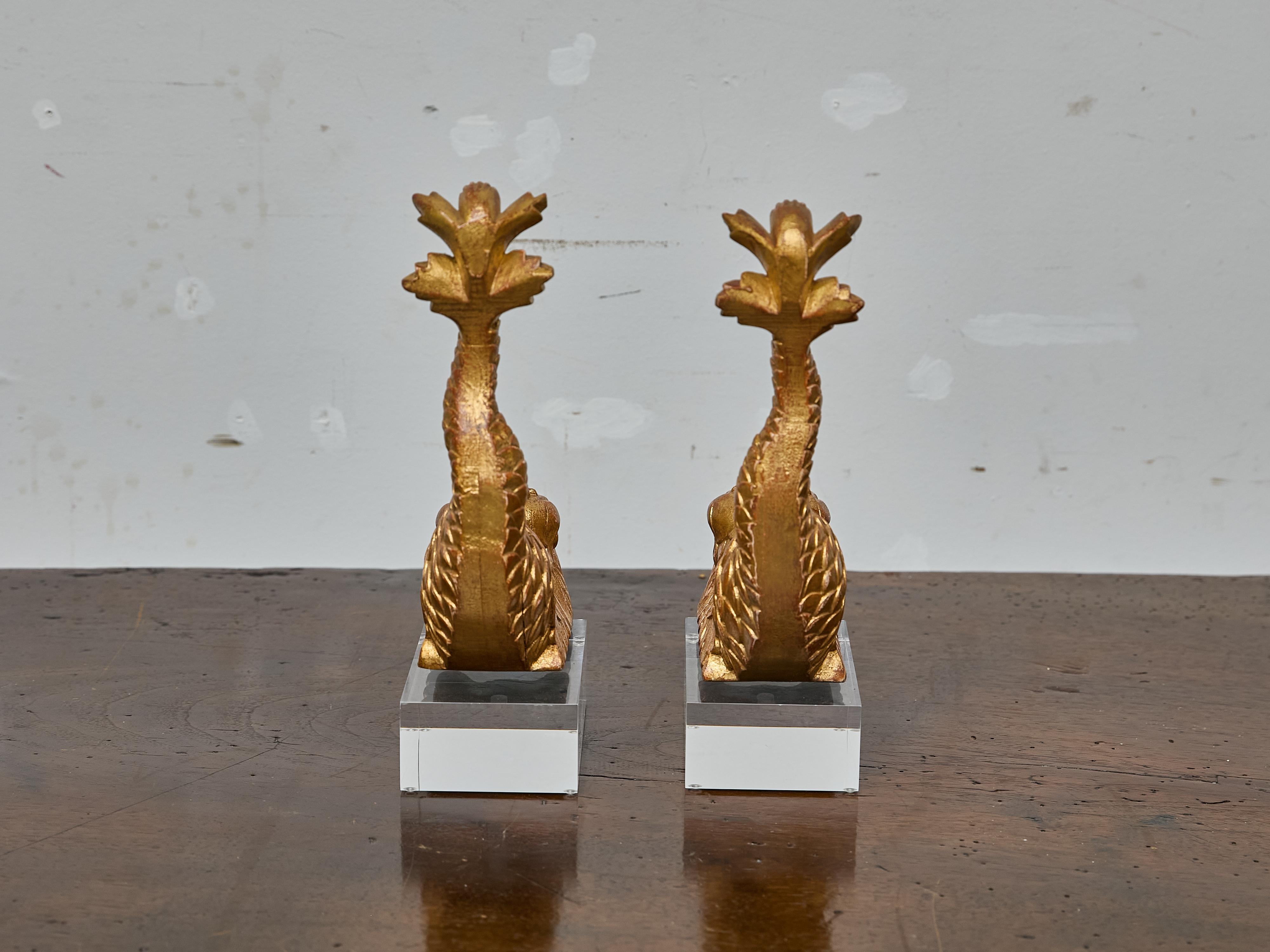Francese Coppia di sculture di delfini in legno dorato in stile barocco su basi in lucite, XIX secolo in vendita