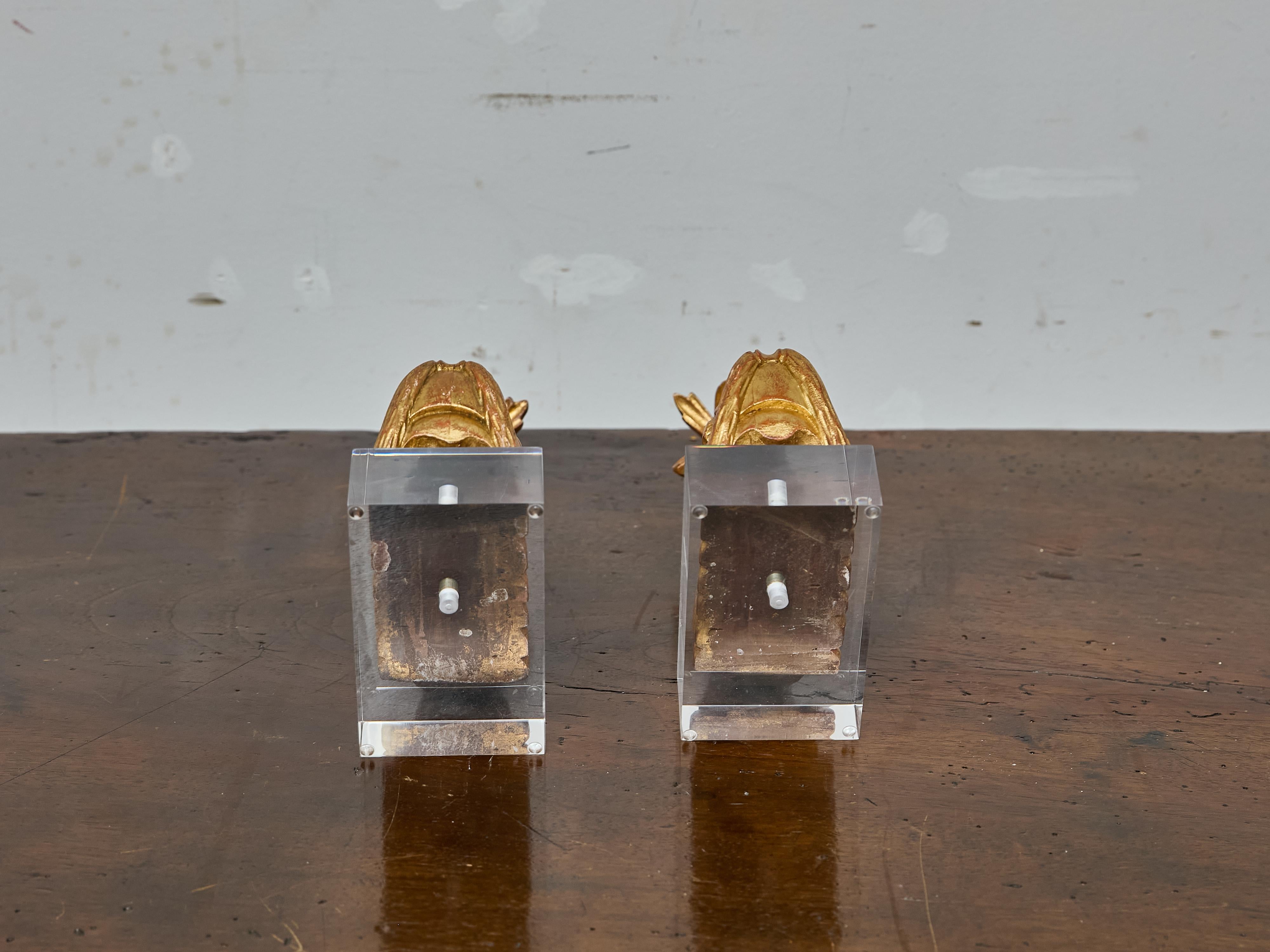 Coppia di sculture di delfini in legno dorato in stile barocco su basi in lucite, XIX secolo In condizioni buone in vendita a Atlanta, GA